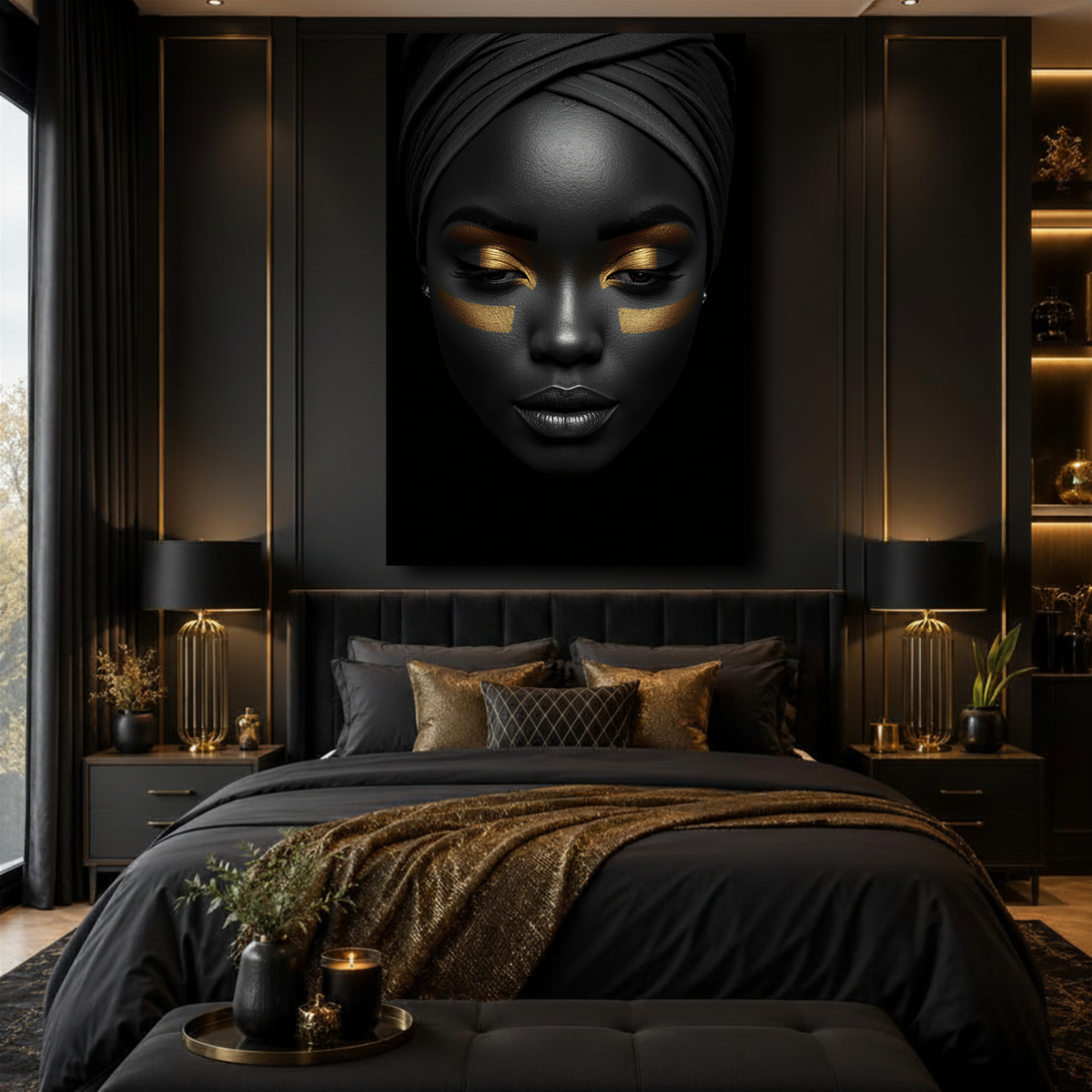 Black Woman Wall Art – Gilded Essence | Black & Gold  Luxury Portrait Canvas Print