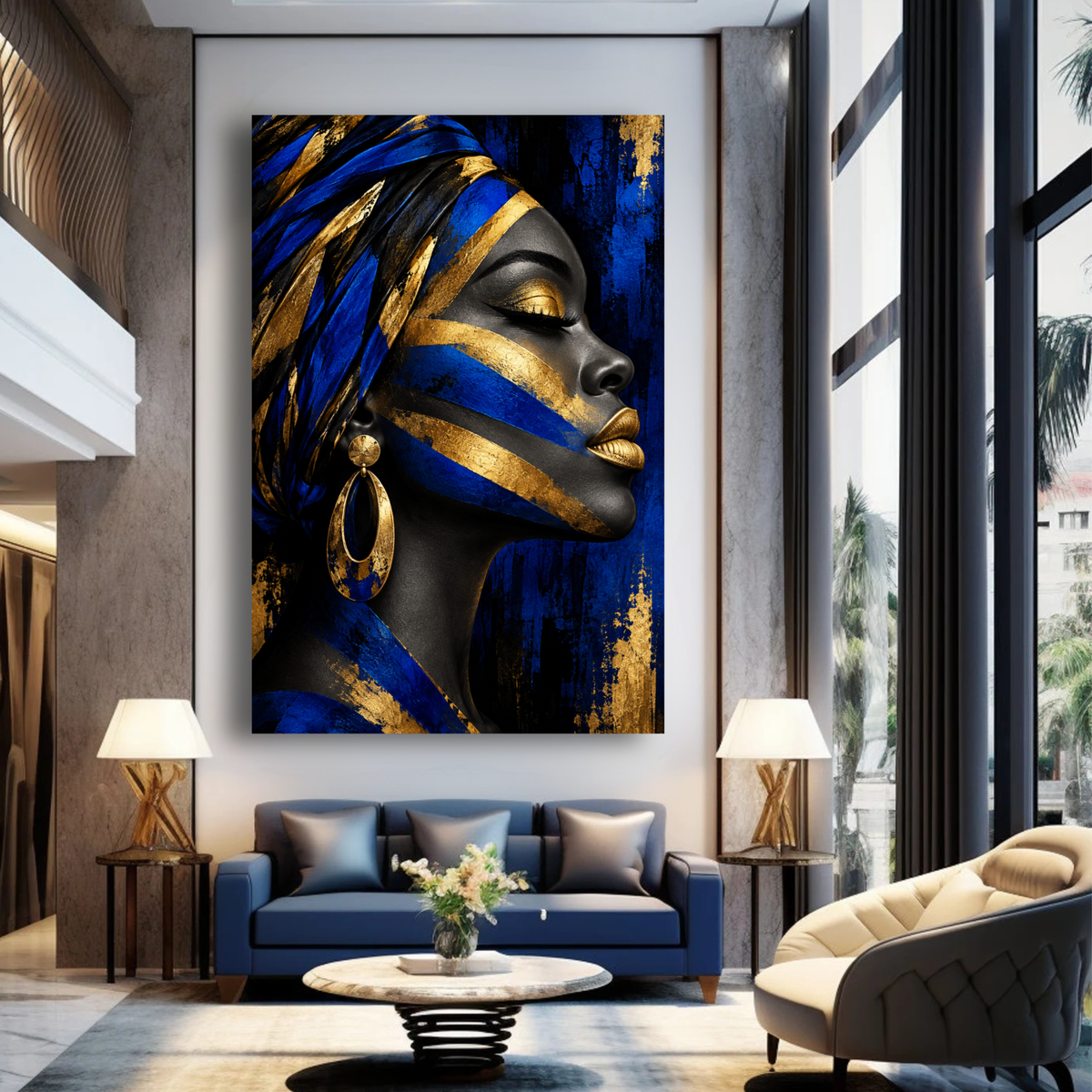 Black Woman Wall Art - Afrocentric Blue, Black & Gold Canvas Print | Luxury Home Decor