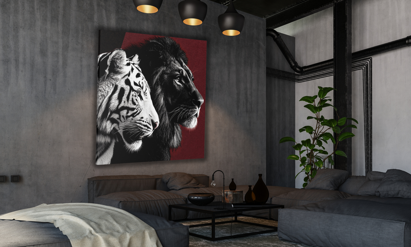 Black and White Lion and Tiger Heads Canvas Art