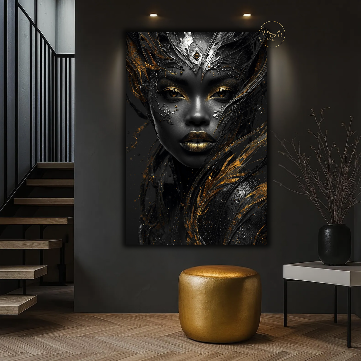 Black Woman Wall Art – Exotic Beauty / Black & Gold Afrocentric Canvas Print
