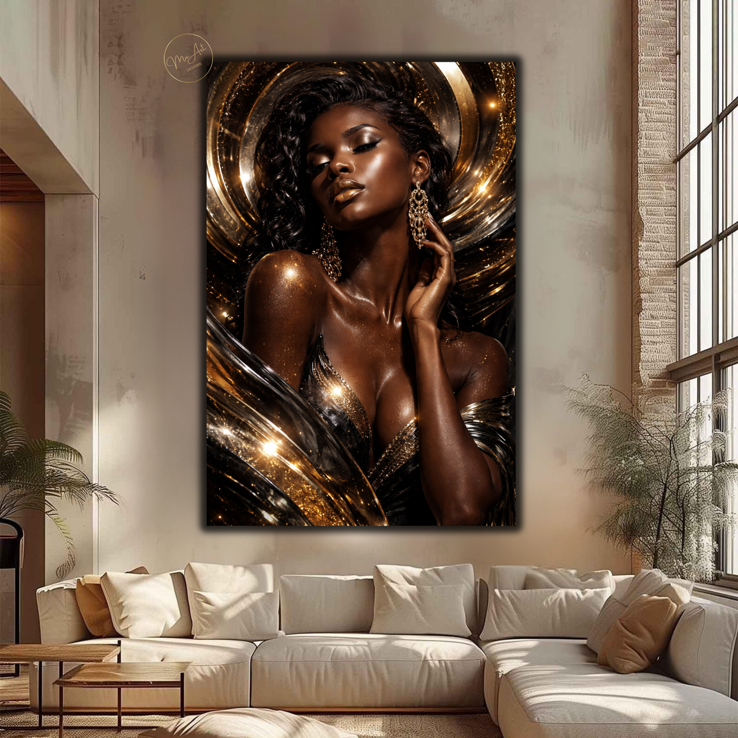 Black Woman Wall Art – Seductive Afrocentric Gold & Black Abstract Canvas Print | Elegant Luxury Home Decor