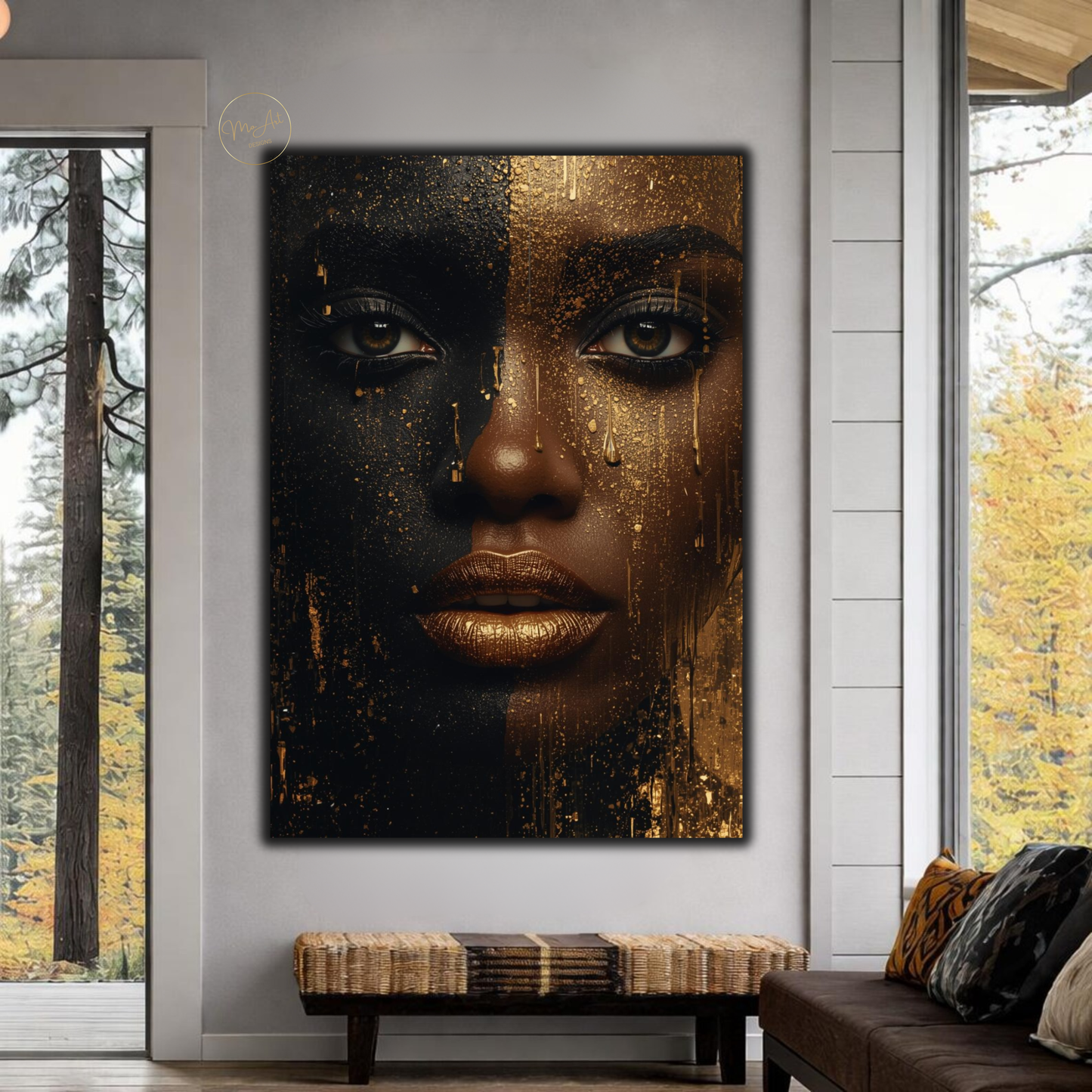 Black Woman Wall Art – Striking Gold Drip | Afrocentric Black & Gold Canvas Print