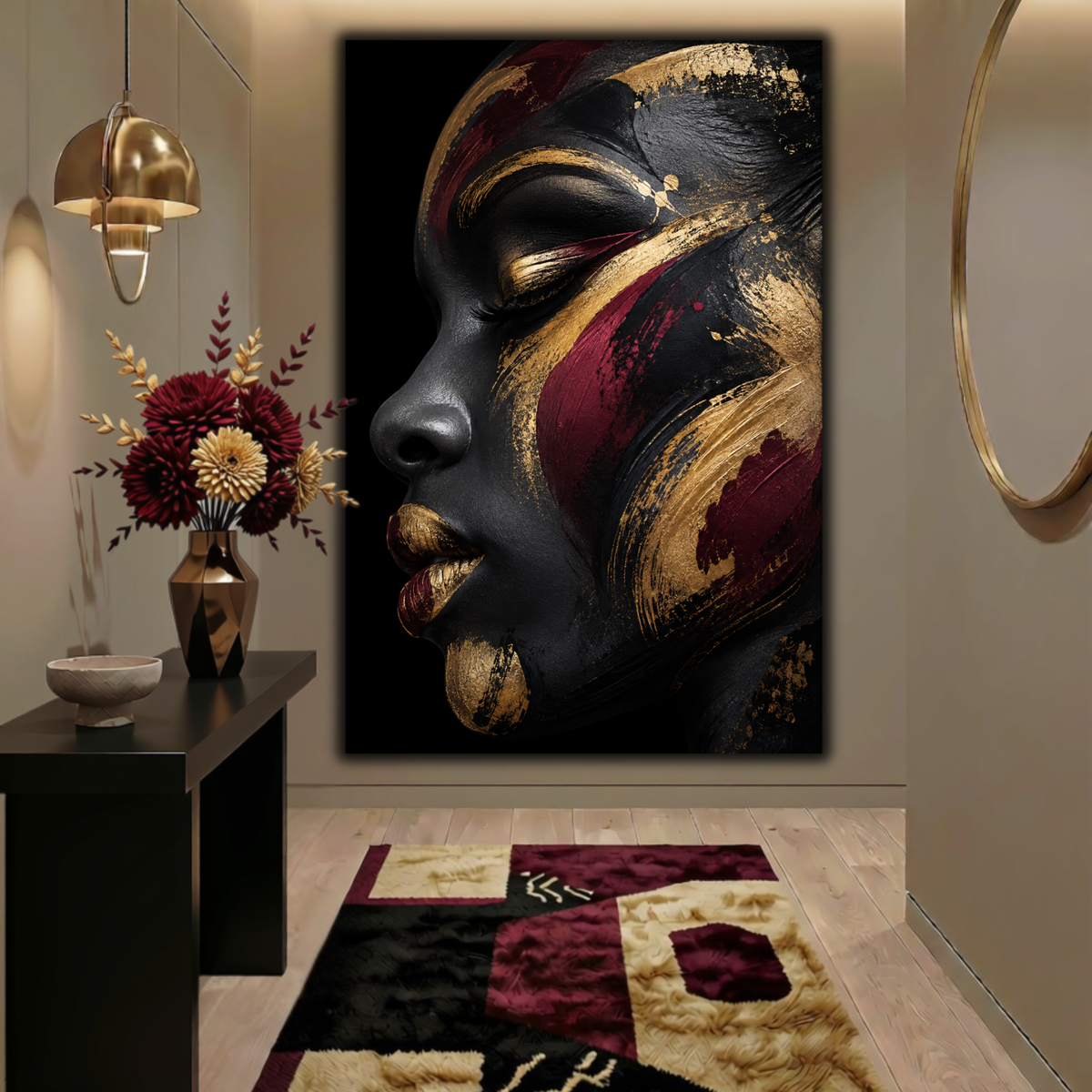 Black Woman Wall Art - Abstract Afrocentric Canvas Print | Black, Gold & Burgundy Home Decor