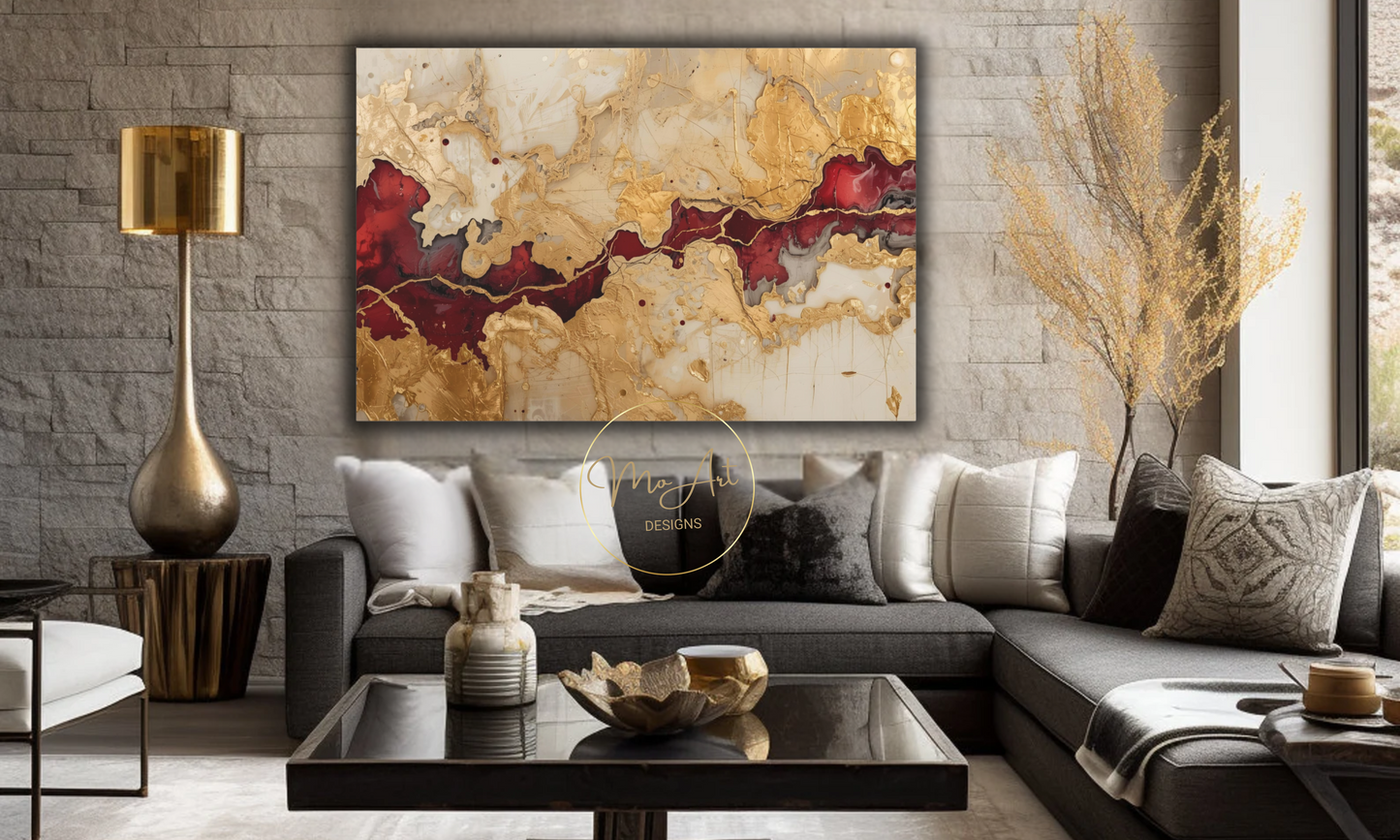 "Crimson Rift" – Abstract Gold, Burgundy & Cream Wall Art