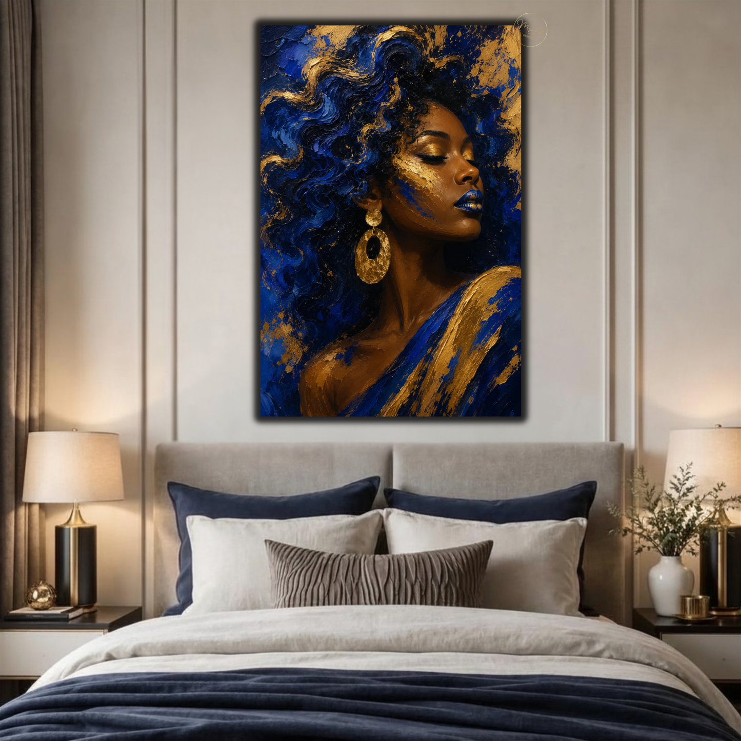 Black Woman Wall Art – Royal Blue & Gold Afrocentric Canvas Print | Abstract African American Woman Art