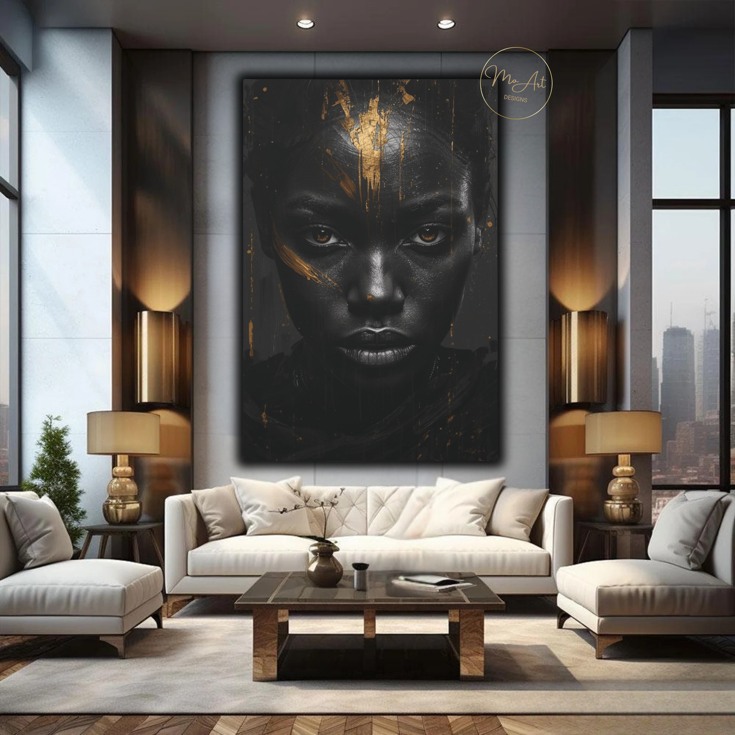 Black Woman Wall Art – Unbreakable Gaze | Black & Gold Statement Canvas Print