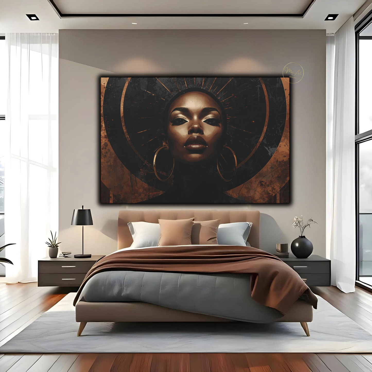 Black Woman Wall Art – Elegant Afrocentric Copper & Black Abstract Canvas Print