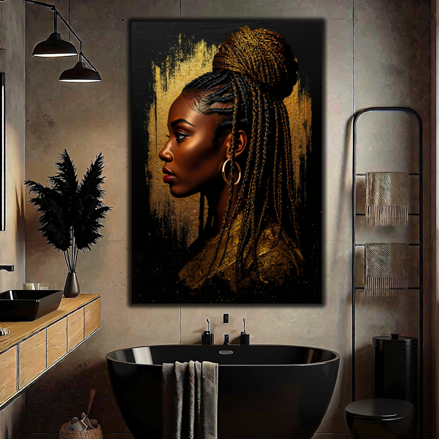 Black Woman Wall Art – Braided Afrocentric Queen in Black & Gold Canvas Print | Luxury African American Decor