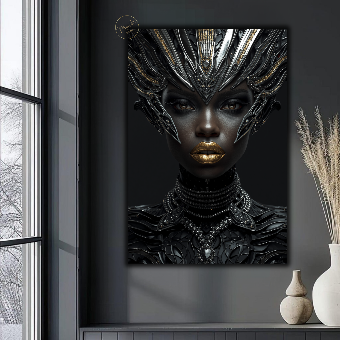 Black Woman Wall Art – Futuristic Afrocentric Warrior Queen / Black & Gold Canvas Print