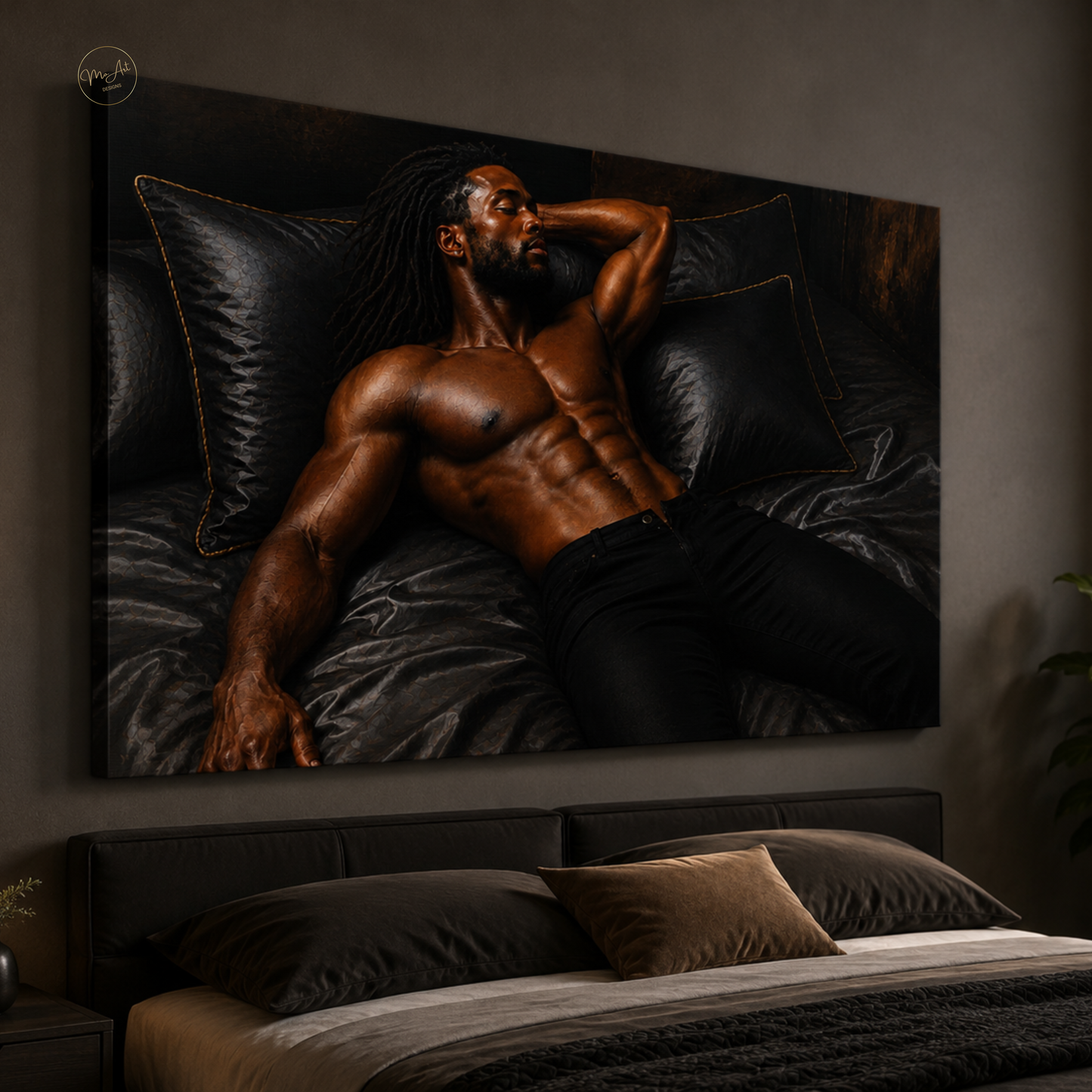 Black Man Wall Art – Sensual Black & Gold Masculine Canvas Print | Modern Luxury Bedroom Decor