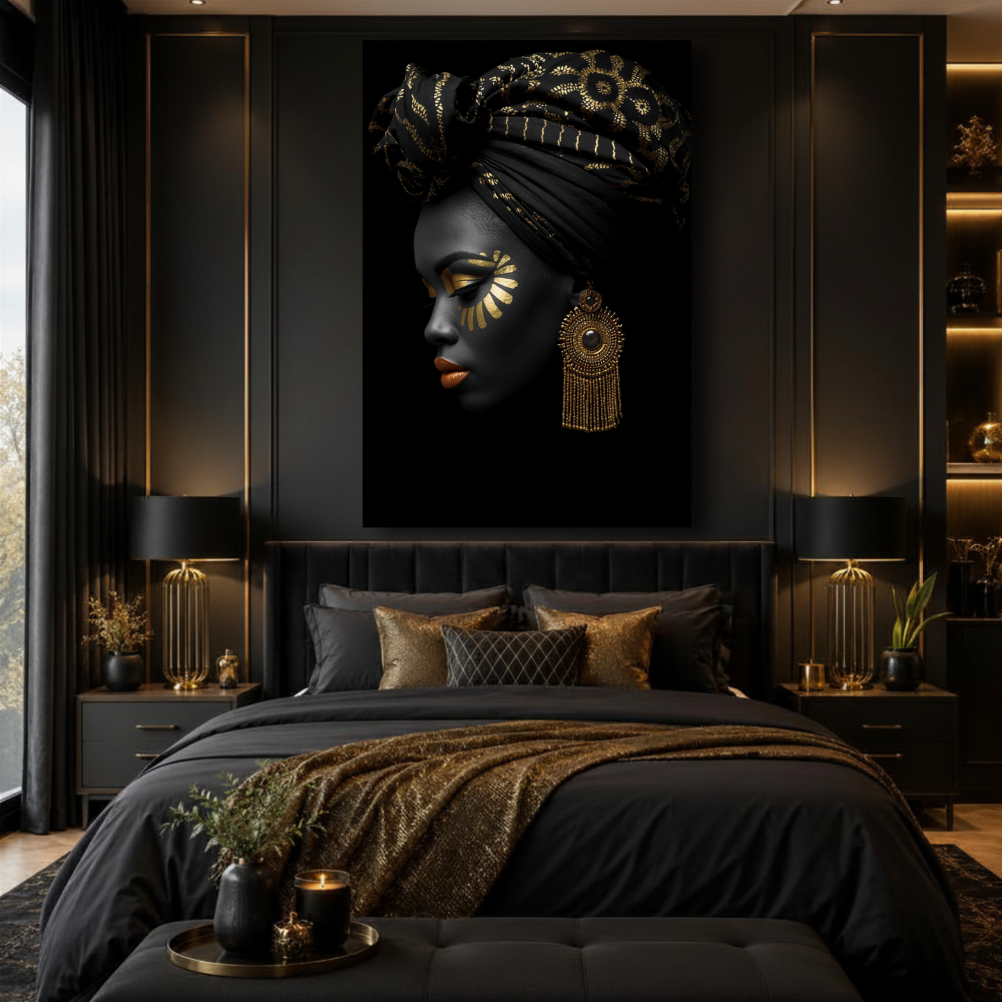 Black Woman Wall Art – Regal Radiance Black & Gold Canvas Print | Afrocentric Home Decor
