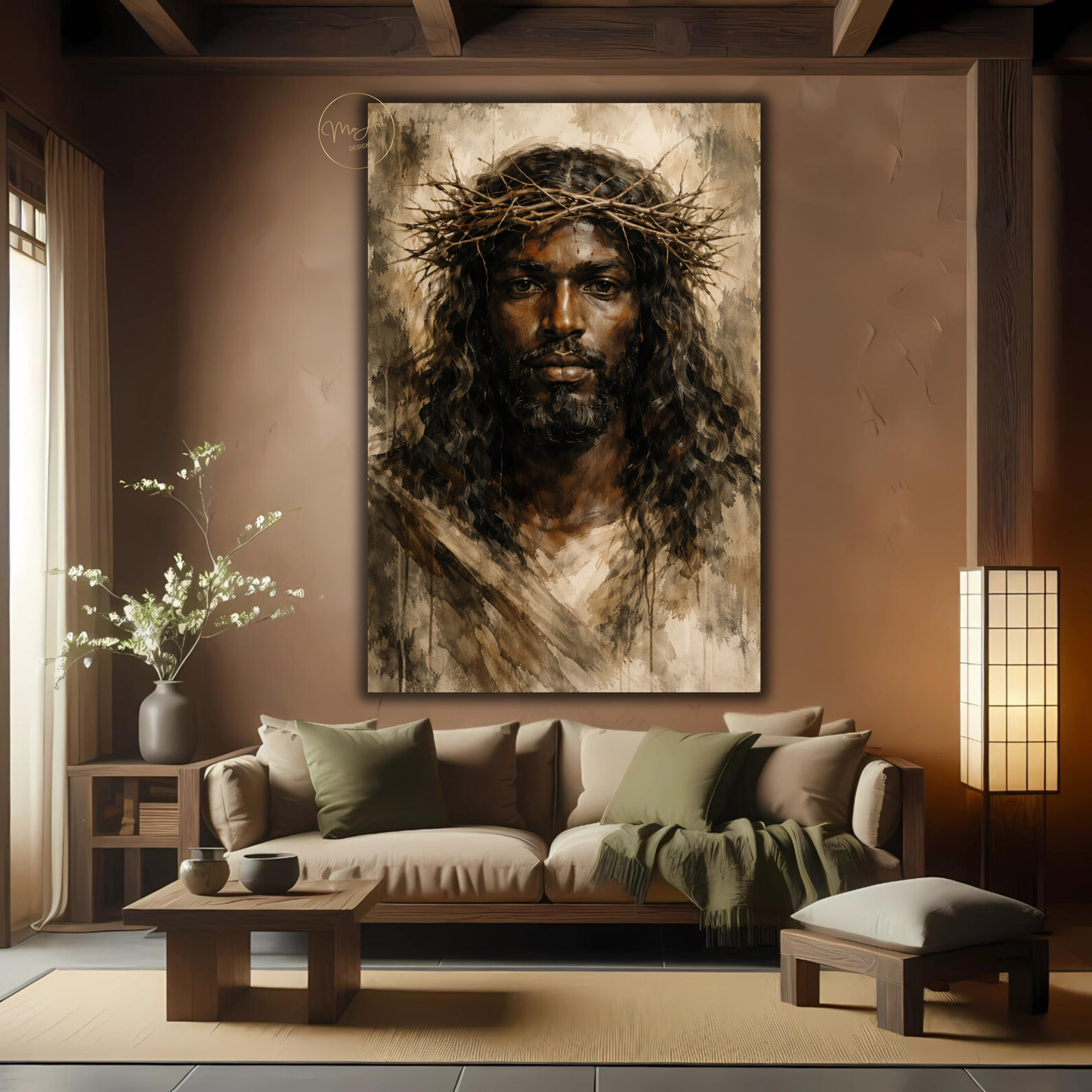 Black Jesus Wall Art – Neutral Abstract Christ Portrait with Crown of Thorns Canvas Print