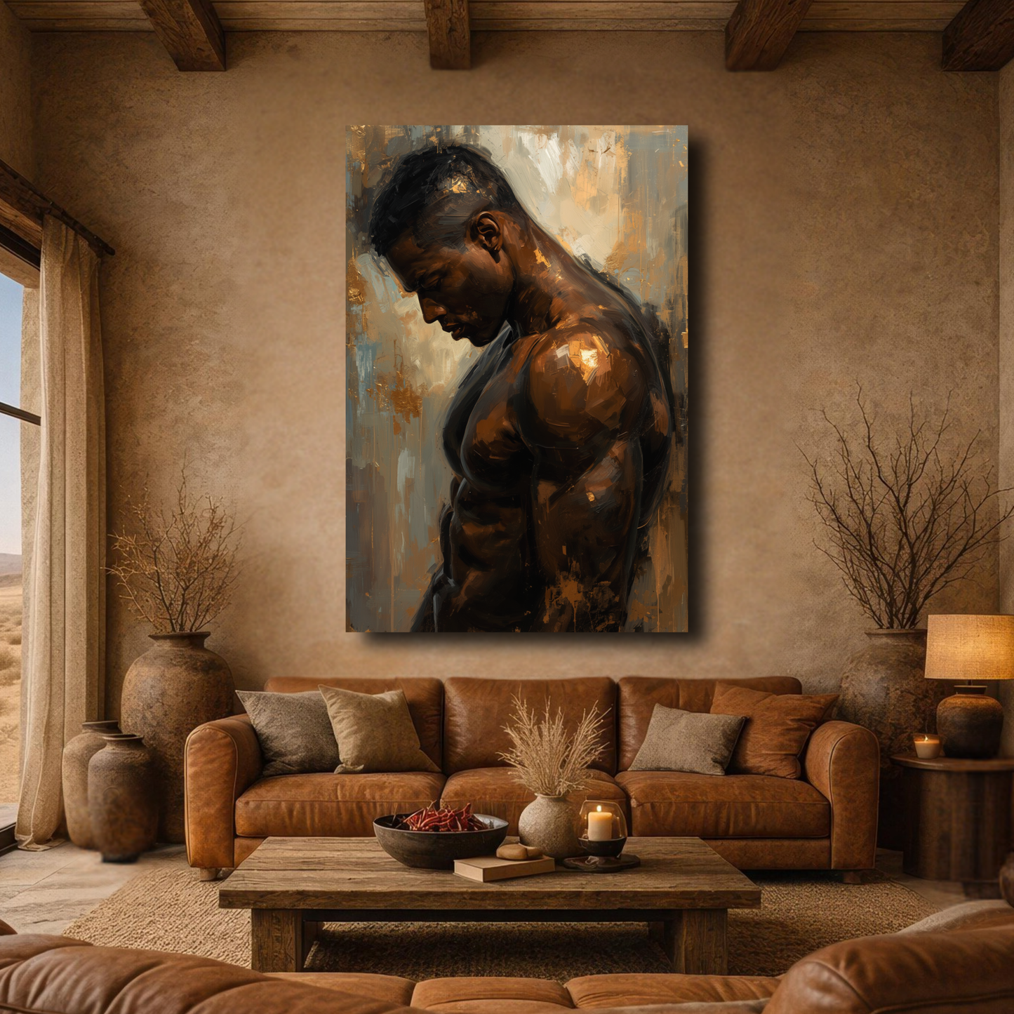 Black Man Wall Art – Sensual Afrocentric Canvas Print  | Modern Black & Gold Masculine Artwork