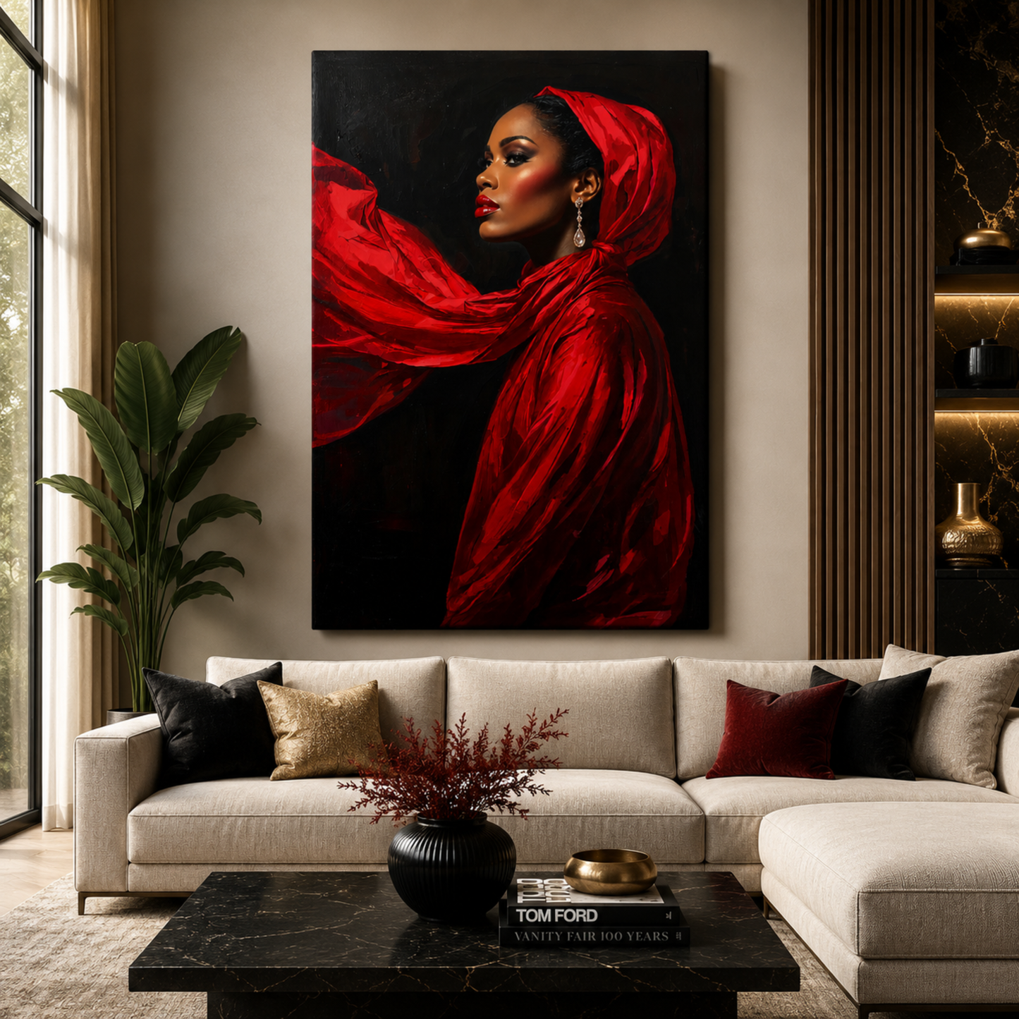 Black Woman Wall Art – Lady in Red Canvas Print | Elegant Afrocentric Home Decor