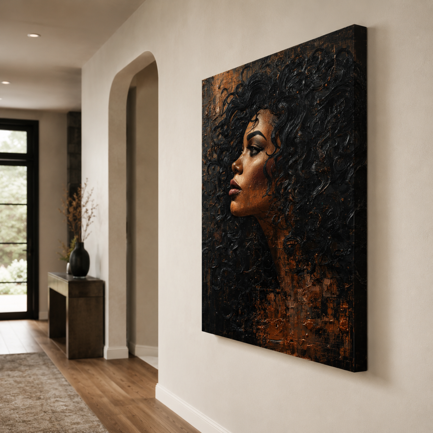 Black Woman Wall Art – Afrocentric Abstract Portrait Canvas Print | Black & Copper Wall Art
