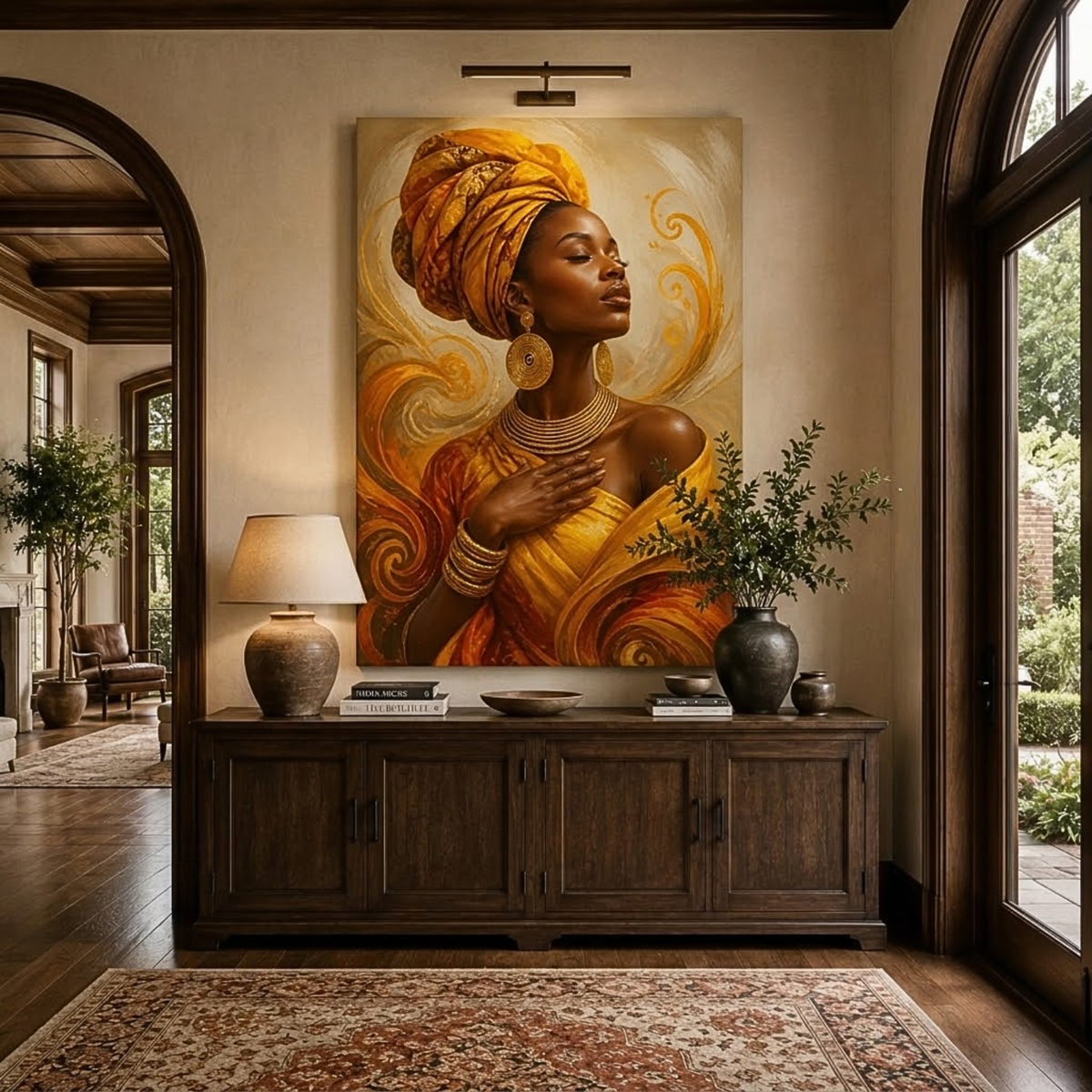 Black Woman Wall Art – Amber Serenity | Afrocentric Orange & Yellow Canvas Print