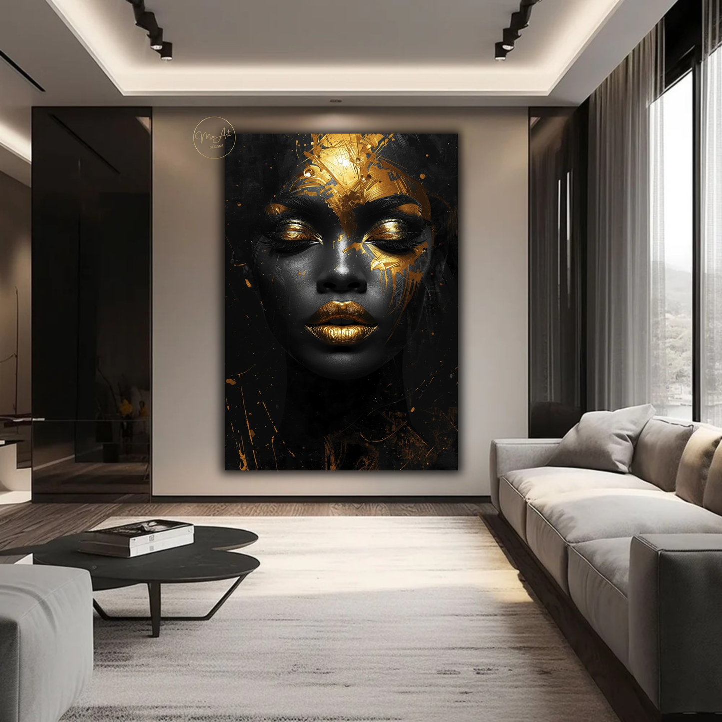 Black Woman Wall Art – Afrocentric Black & Gold Abstract Portrait Canvas Print