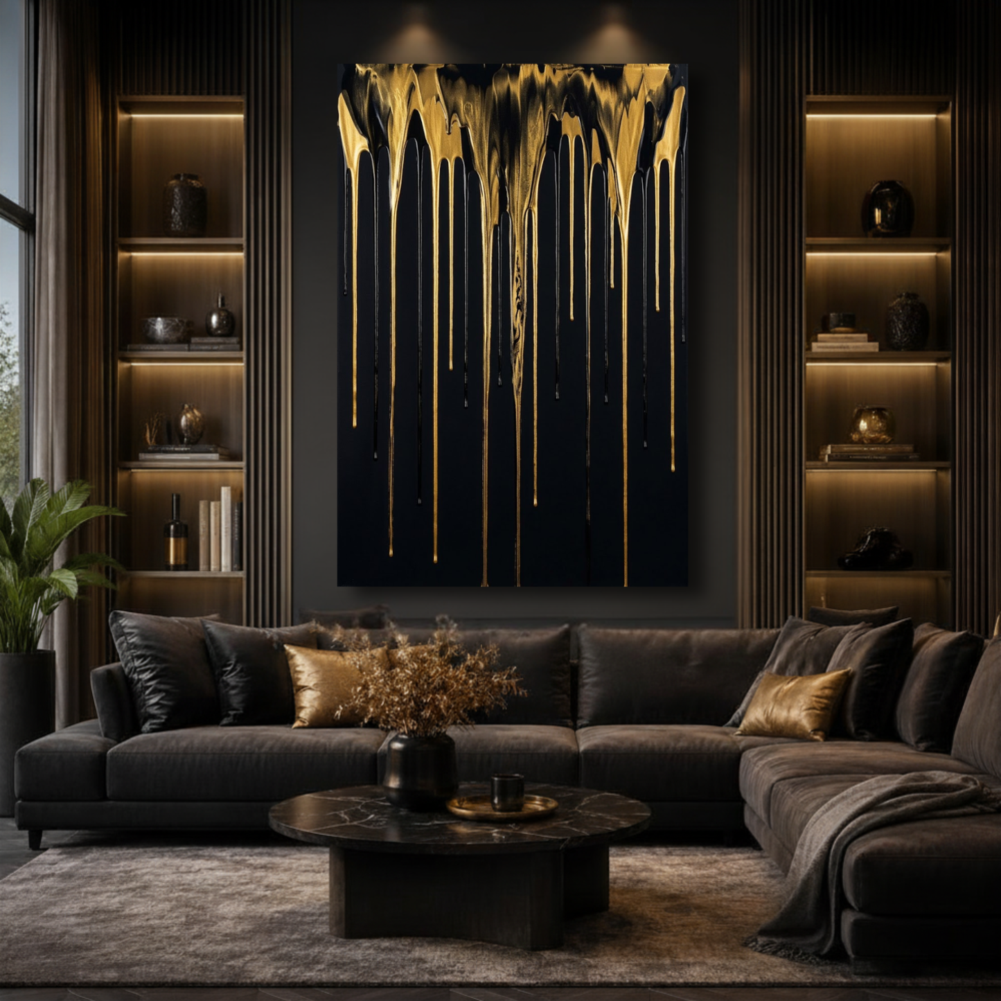 Abstract Modern Gold & Black Drip Canvas Print | Luxury Home Wall Decor