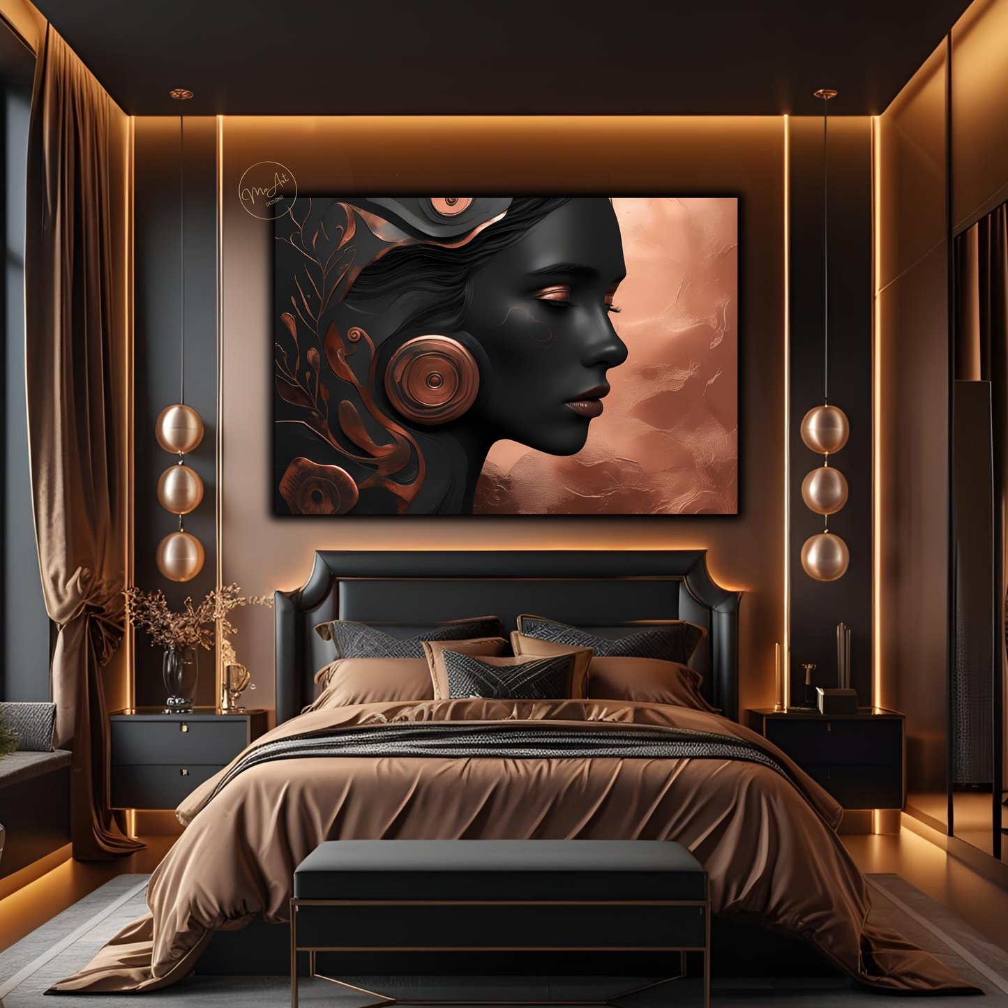 Black Woman Wall Art – Luxury Black & Copper Abstract Afrocentric Canvas Print