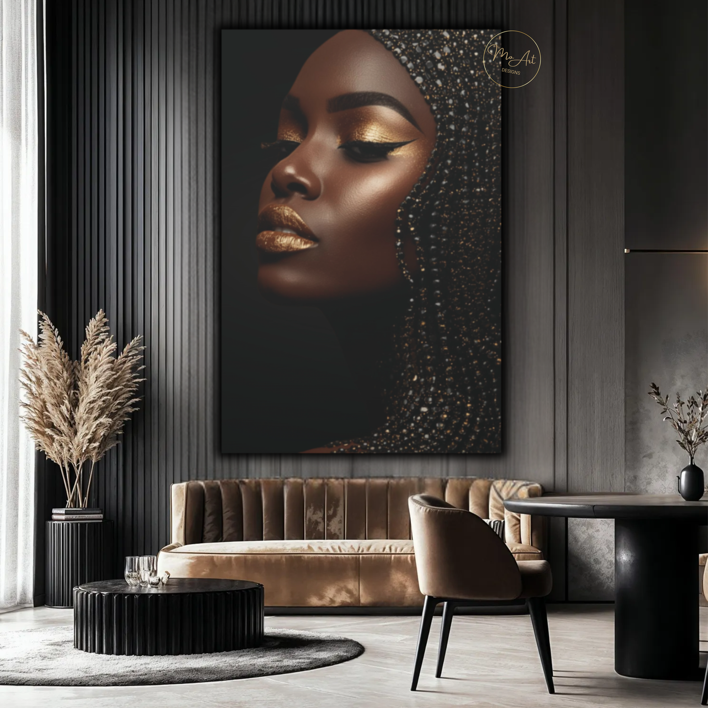 Black Woman Wall Art – Golden Radiance | Black & Gold Afrocentric Luxury Canvas Print