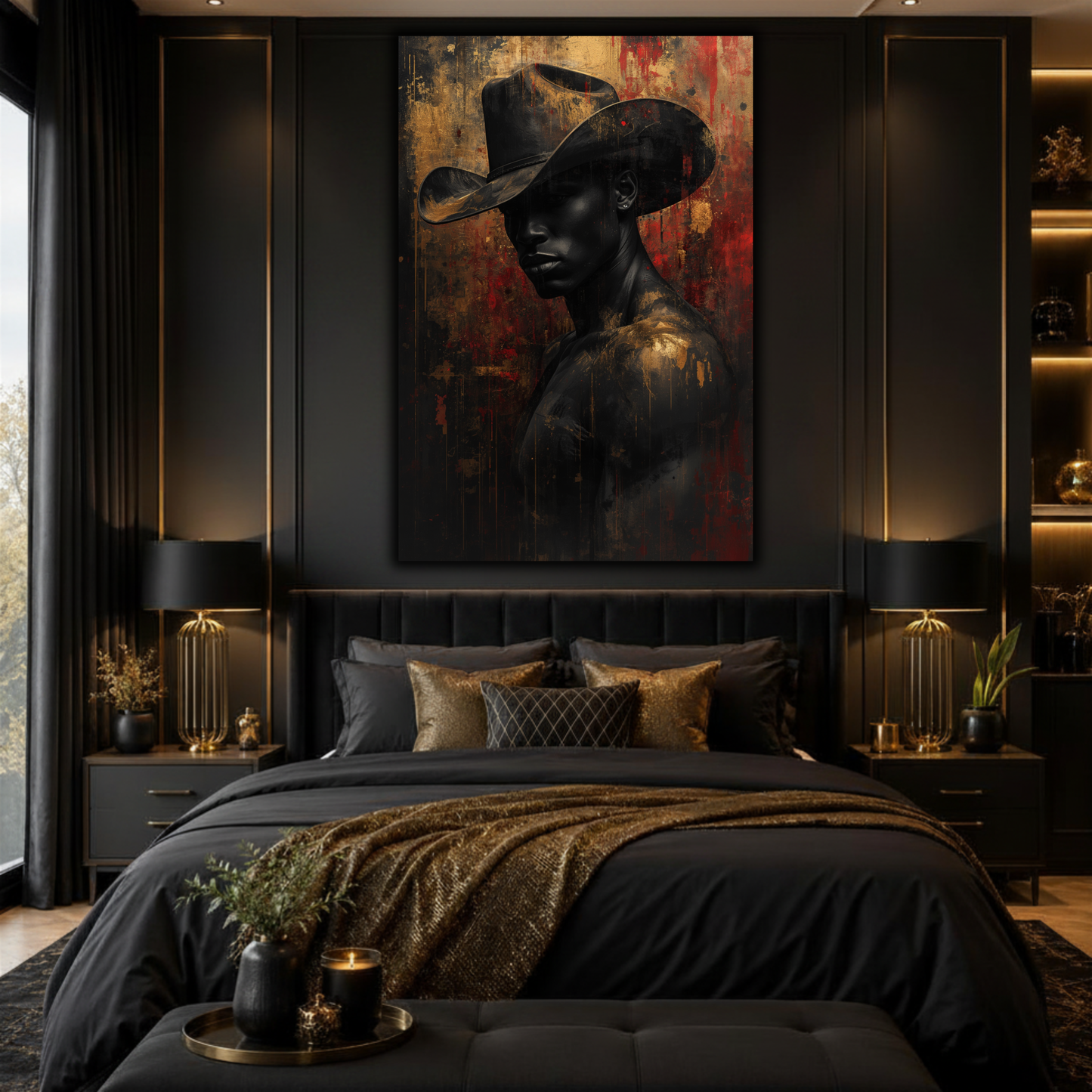 Black Man Wall Art – African American Cowboy Canvas Print | Abstract Black, Gold & Red Wall Art