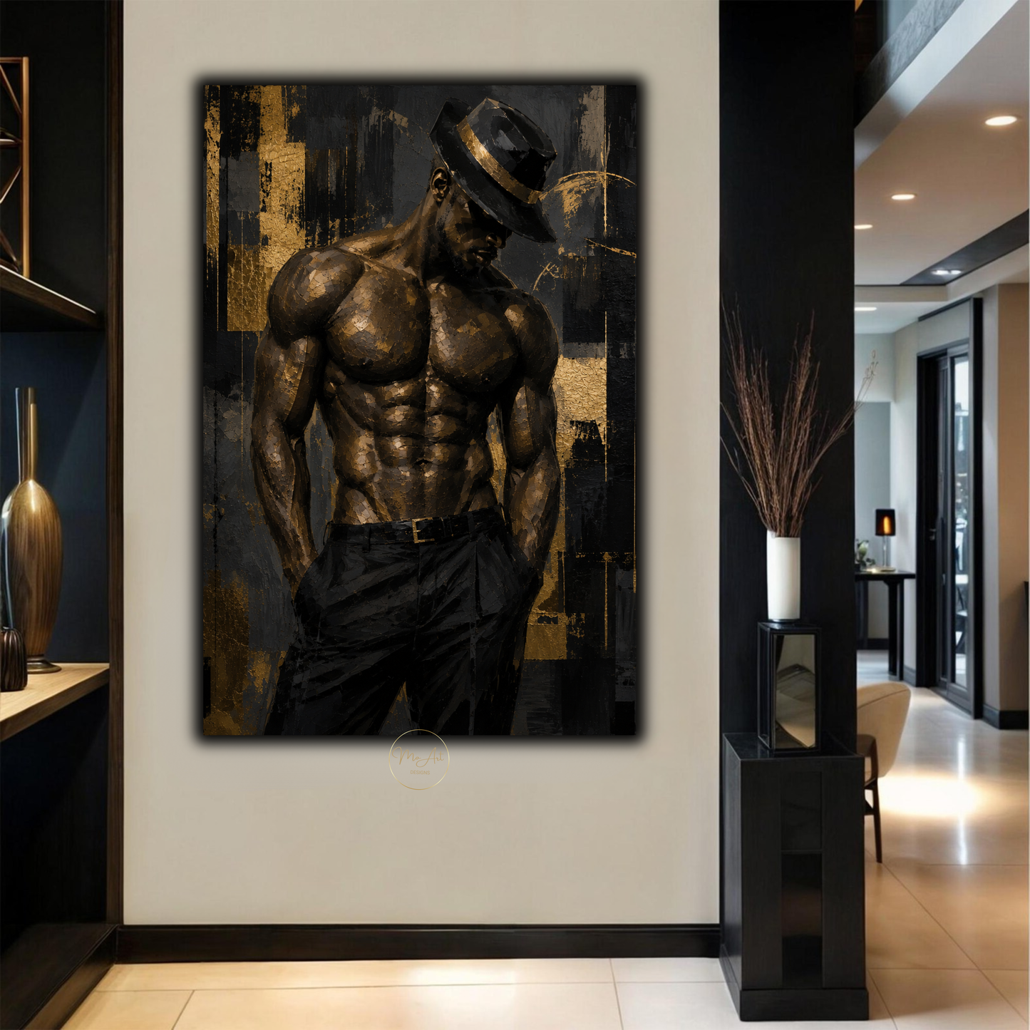 Black Man Wall Art – Sensual Afrocentric Gold & Black Abstract Masculine Canvas Print