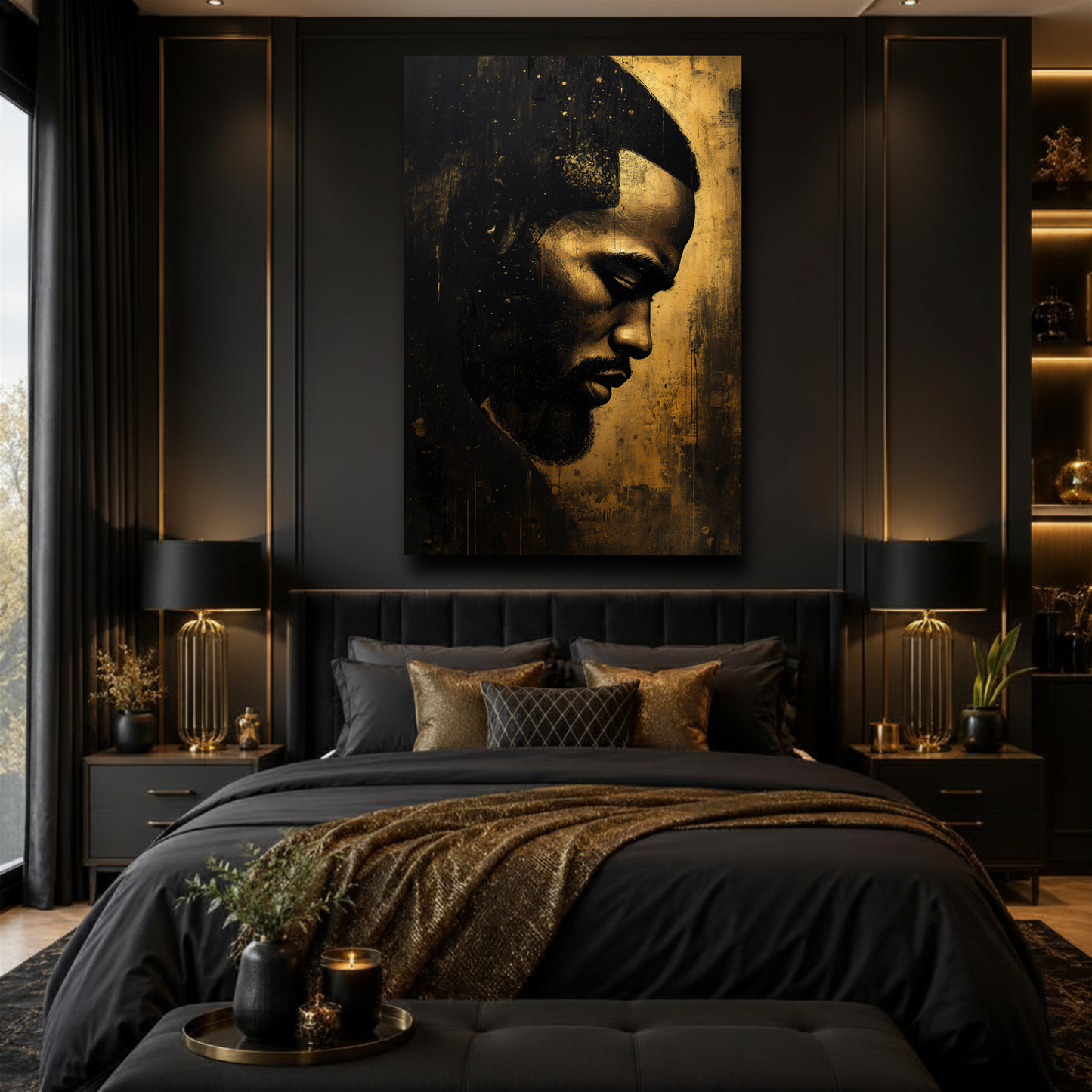 Black Man Wall Art Abstract Portrait | Black and Gold Canvas Print | African American Male Art  Modern Home Decor