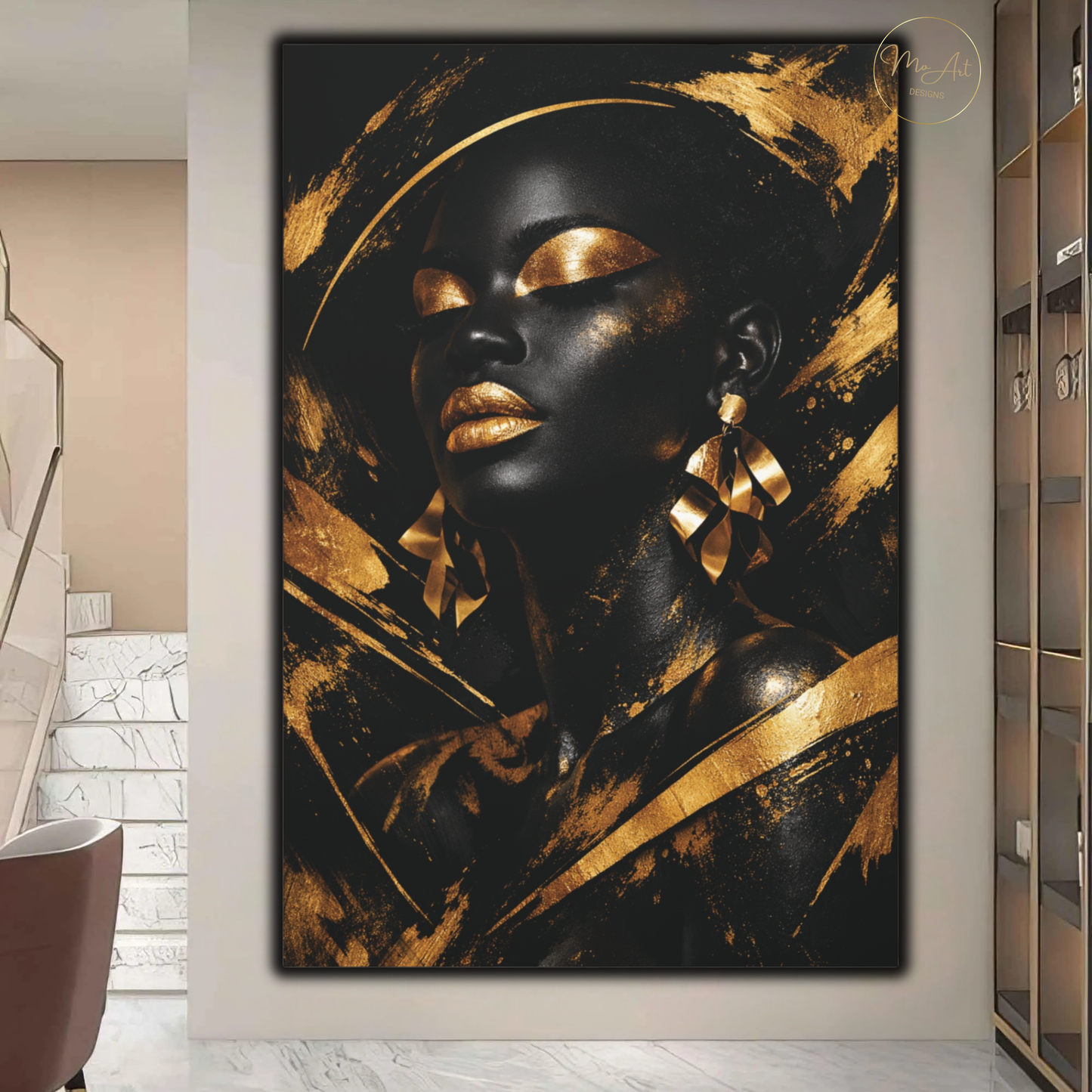 Black Woman Wall Art – Golden Goddess | Luxury Black & Gold Abstract Canvas Print