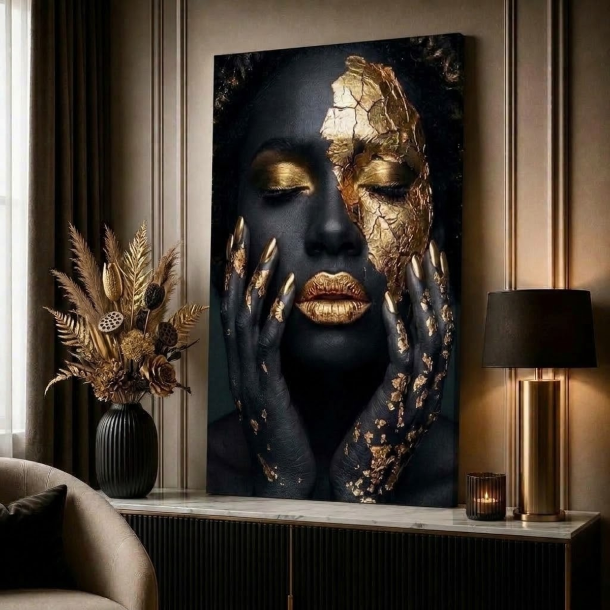 Black Woman Wall Art – Fractured Gold | Afrocentric Black & Gold Cracked Gold Leaf Canvas Print