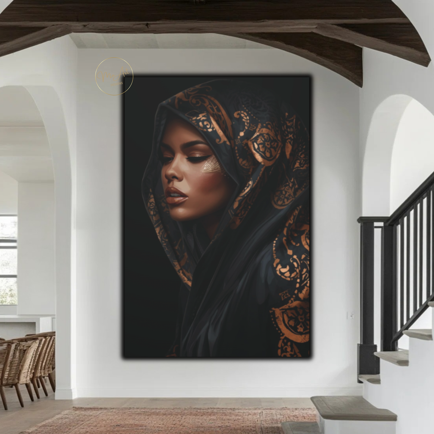 Black Woman Wall Art – Veiled Elegance | Black & Gold Luxury Afrocentric Canvas Print