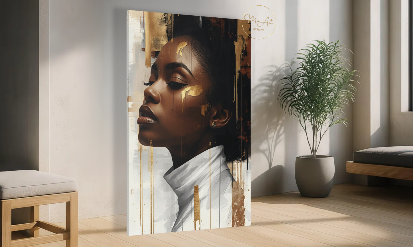Abstract Black Woman Wall Art – White & Gold Elegance / Canvas Print