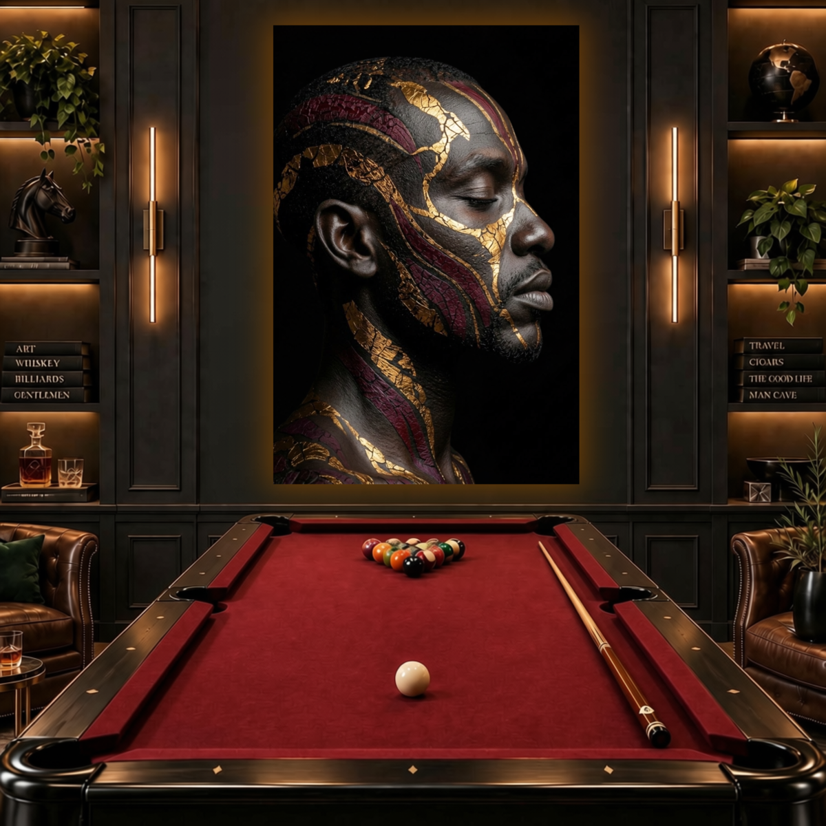 Black Man Wall Art – Serenity | Afrocentric Black, Gold & Burgundy Portrait Canvas Print