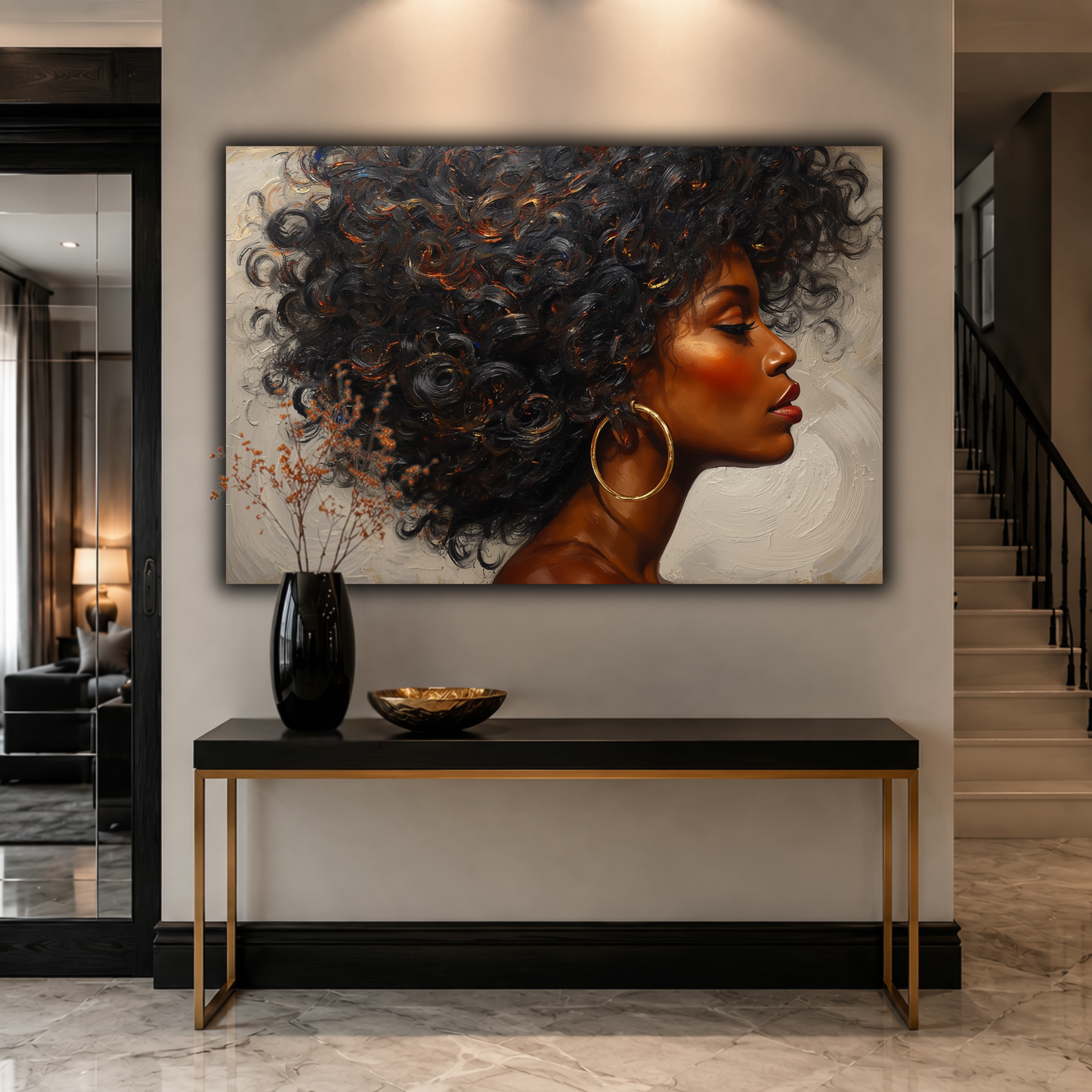 Black Woman Wall Art - Abstract Afrocentric Canvas Print | Black & Gold African American Art