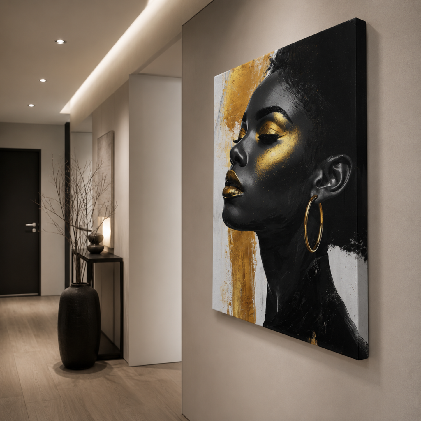 Black Woman Wall Art – Afrocentric Beauty in Black, Gold & White Canvas Print | Modern Luxury Home Decor