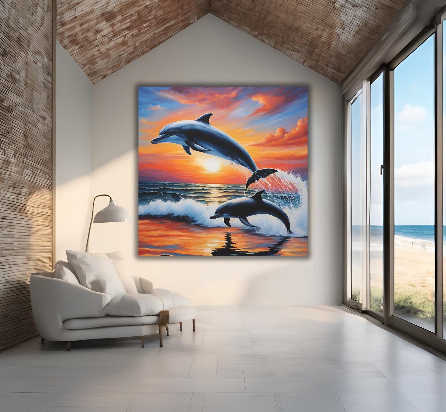 Dolphin Mother with Calf at Sunset - Canvas Wall Art