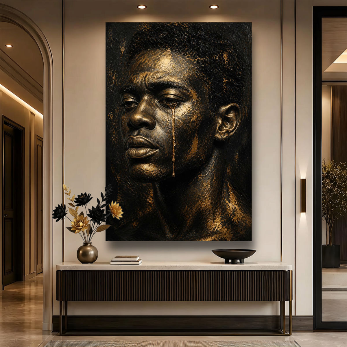 Black Man Wall Art – Golden Tears | Emotional Black & Gold Canvas Print