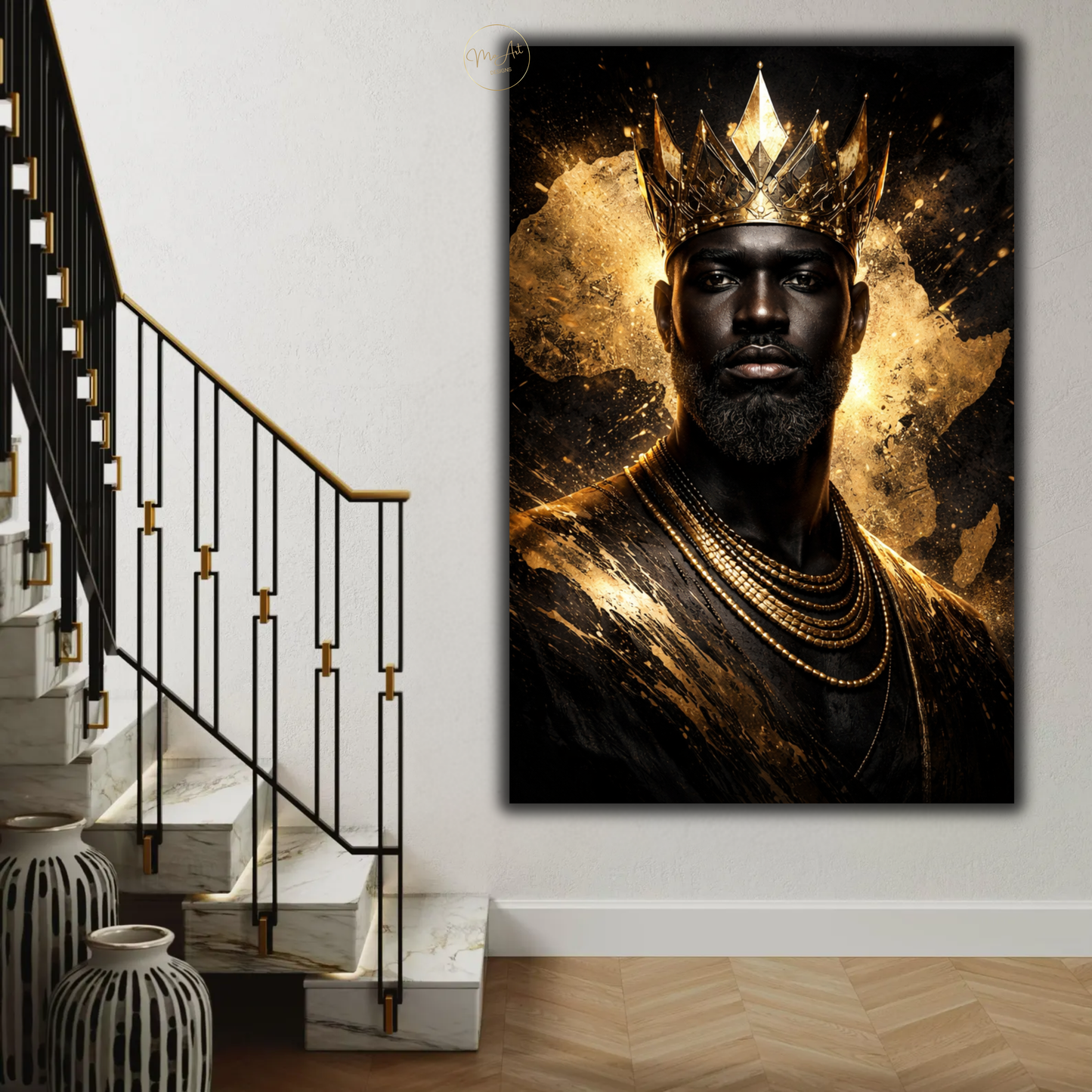 Black King Wall Art – African Royalty Gold Crown Canvas Print for Modern Luxury Decor