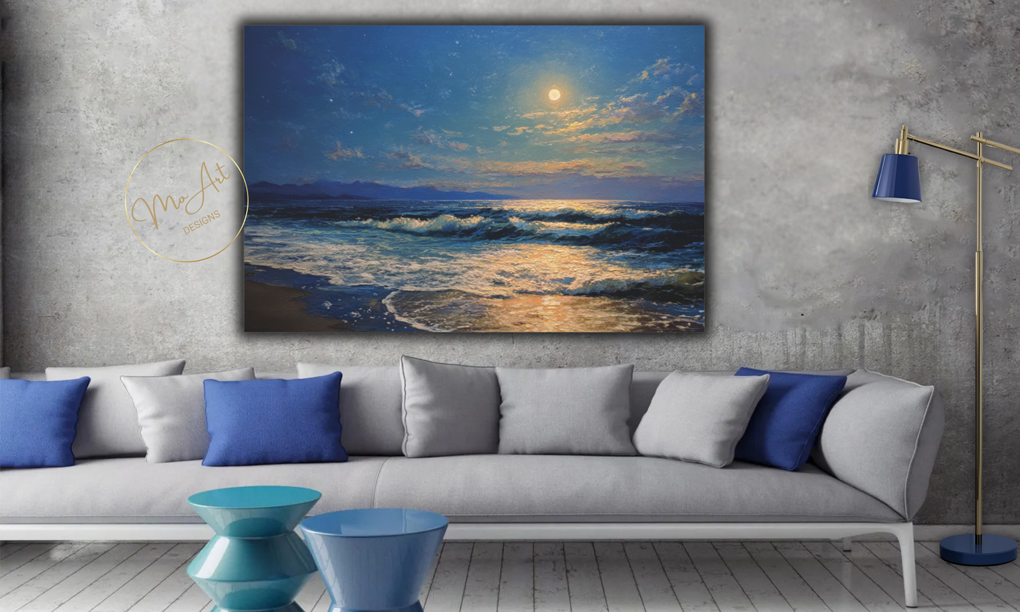 Moonlit Serenade Over Ocean Waves Canvas Wall Art