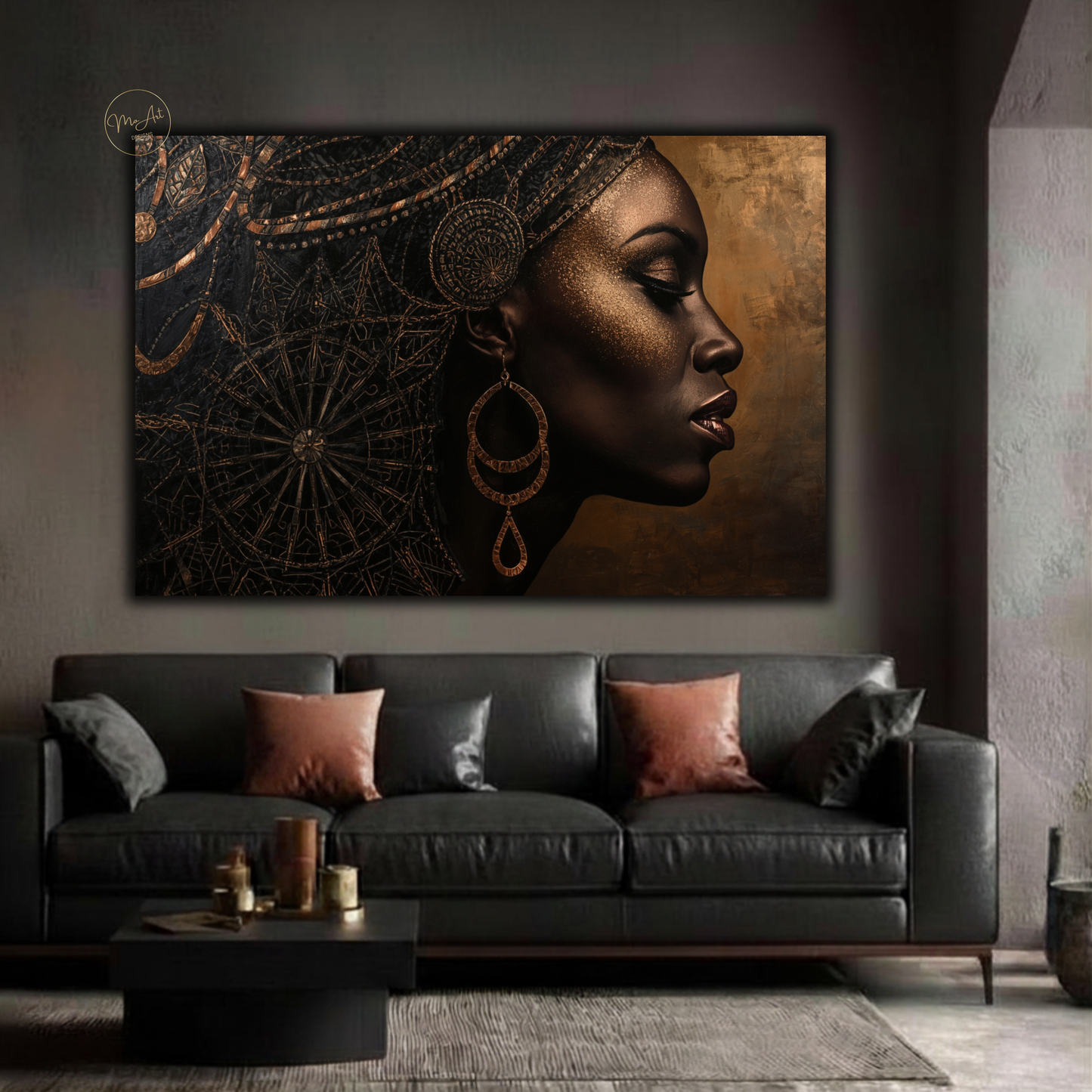 Black Woman Wall Art – Sophisticated Afrocentric Black & Copper Canvas Print