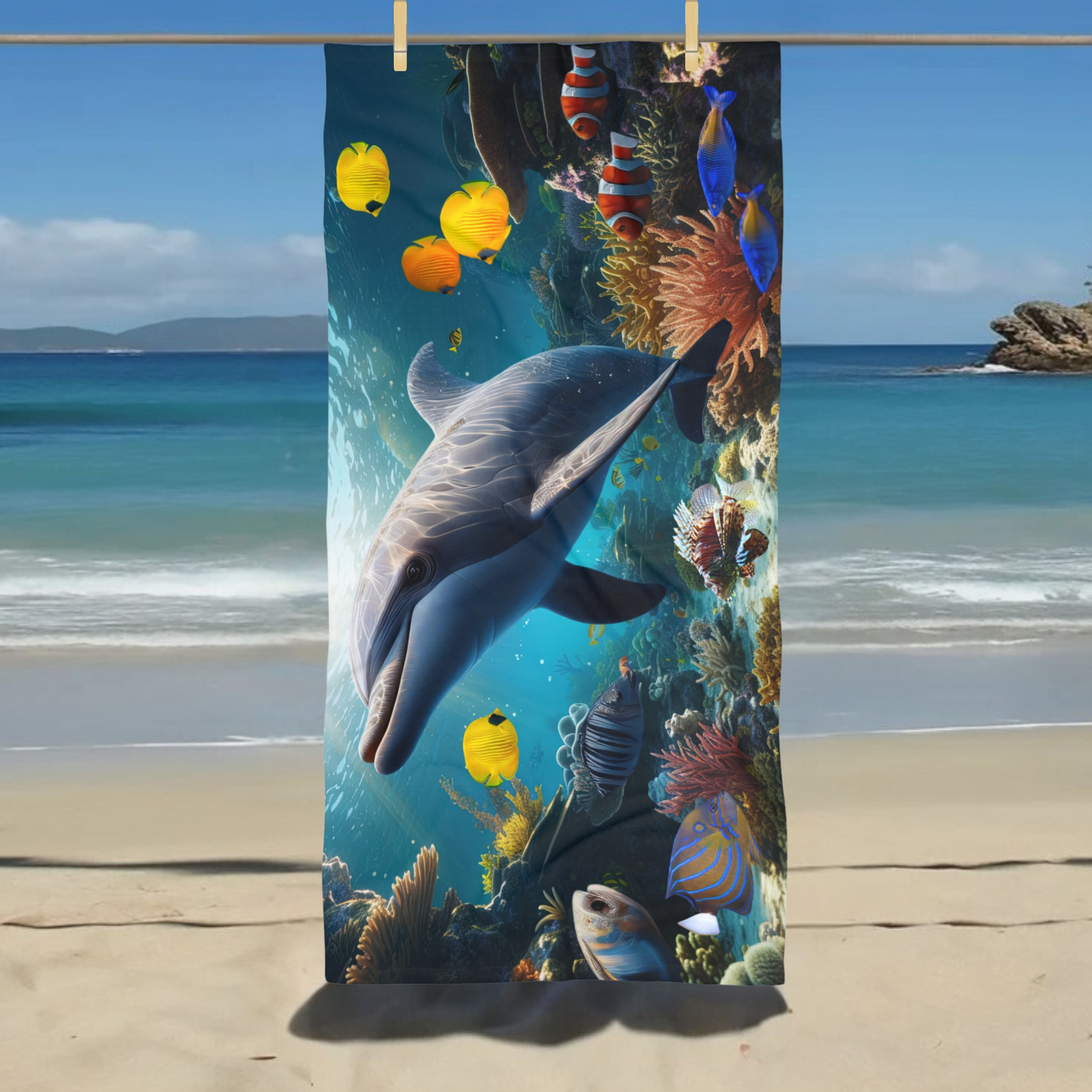 Dolphin with Tropical Fish -  Beach Towel