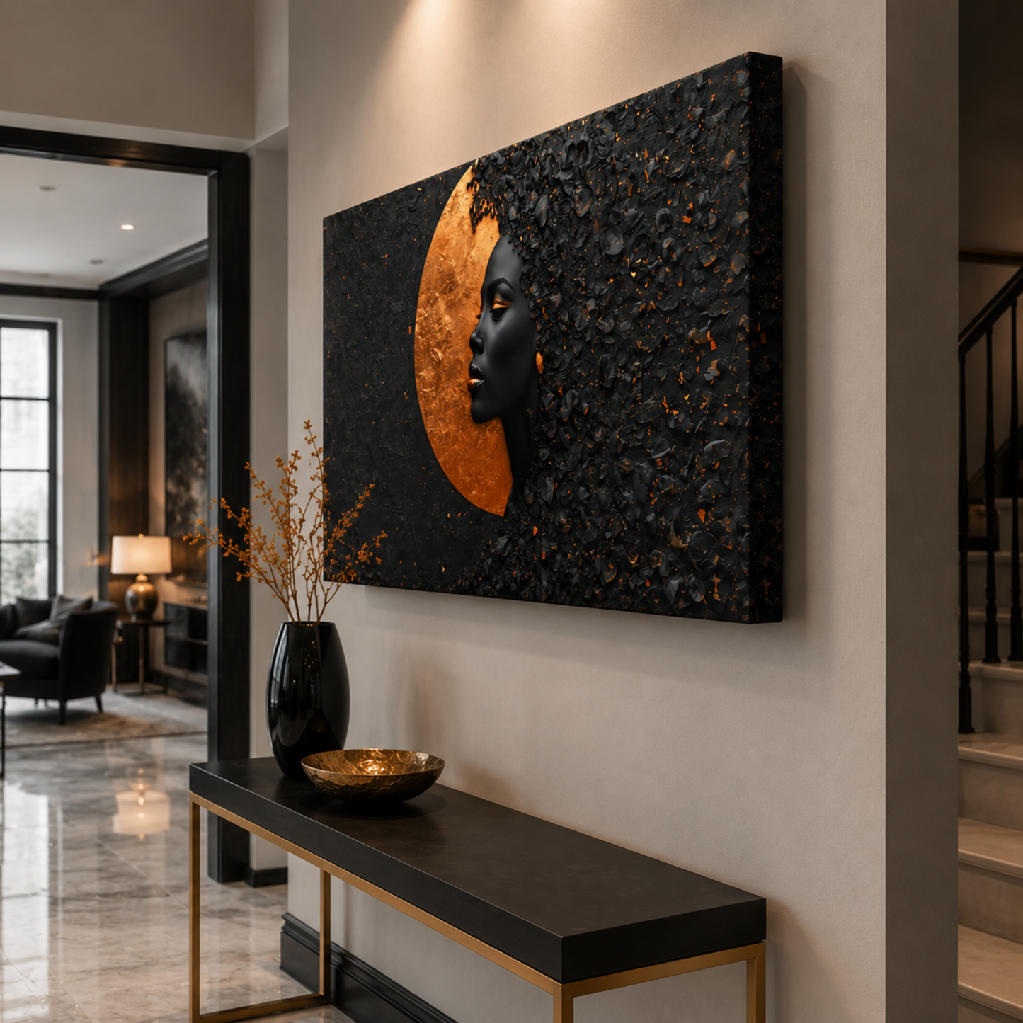 Black Woman Wall Art – Abstract Afrocentric Portrait in Black & Copper | Luxury African American Canvas Print