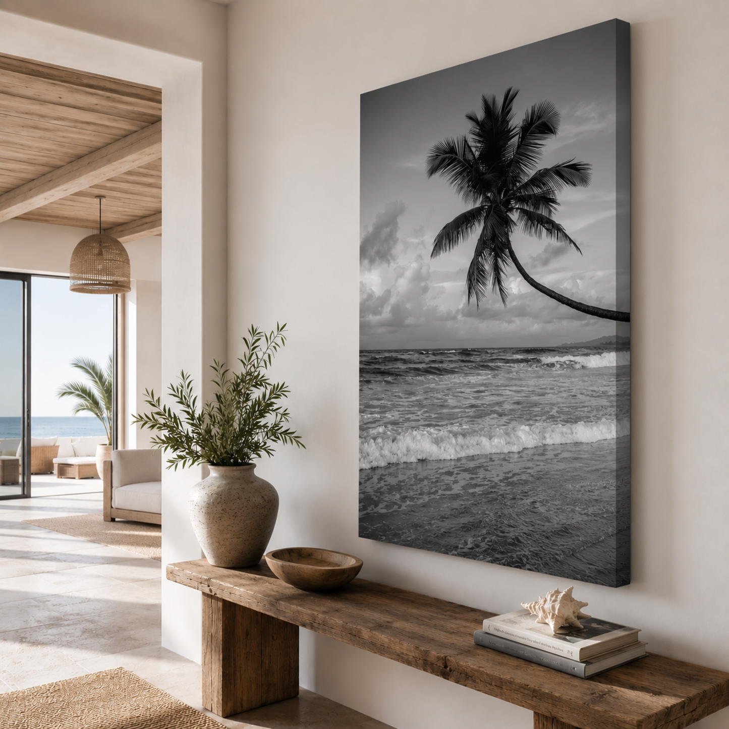 Black & White Tropical Palm Tree Wall Art – Ocean Beach Canvas Print, Coastal Home Decor, Minimalist Photography