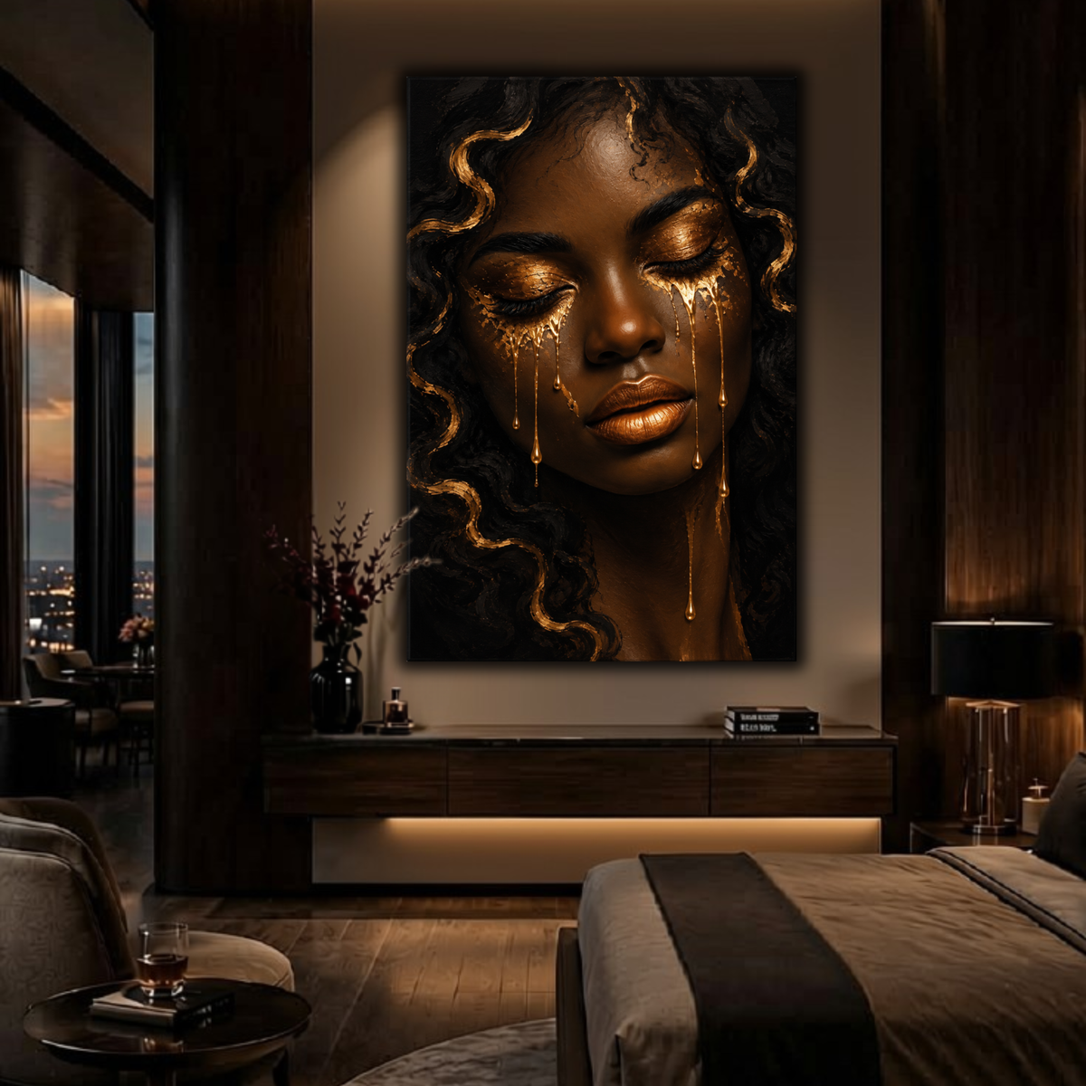 Black Woman Wall Art - Golden Tears Black & Gold Canvas Print | Afrocentric Home Decor