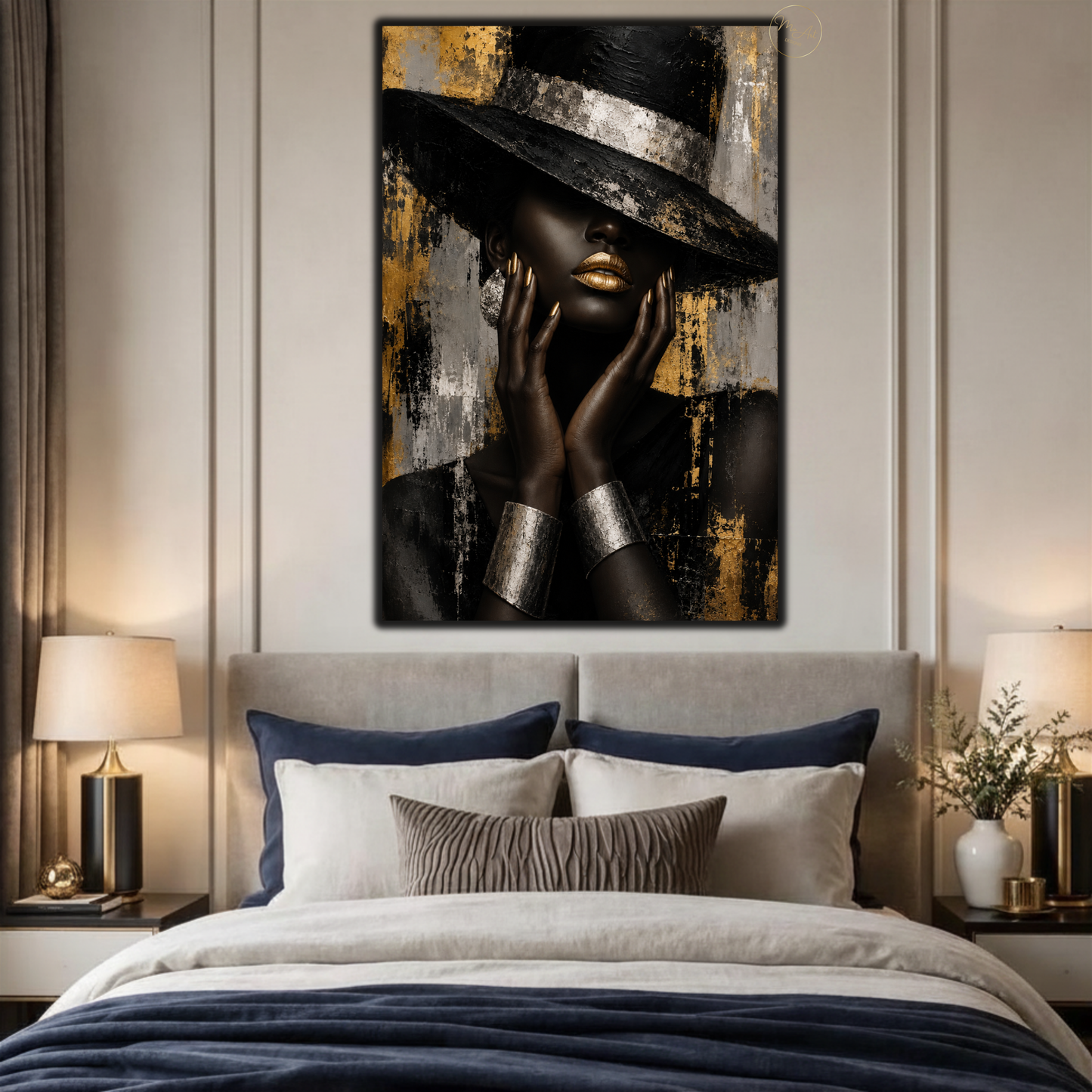 Black Woman Wall Art – Glamorous Black, Gold & Silver Abstract Canvas Print