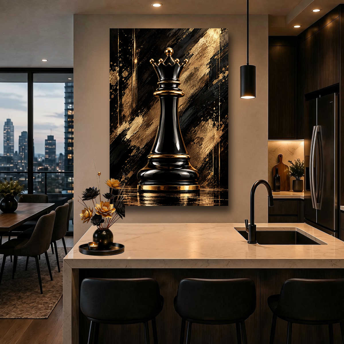 Black & Gold Queen Chess Piece Wall Art | Luxury Abstract Chess Canvas Print