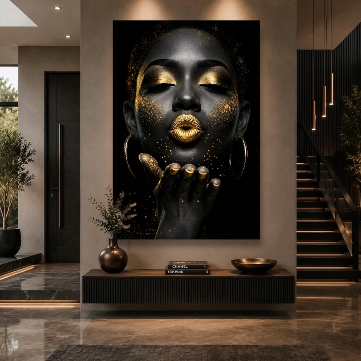 Black Woman Wall Art – Kiss of Gold | Afrocentric Gold Lips Black & Gold Canvas Print