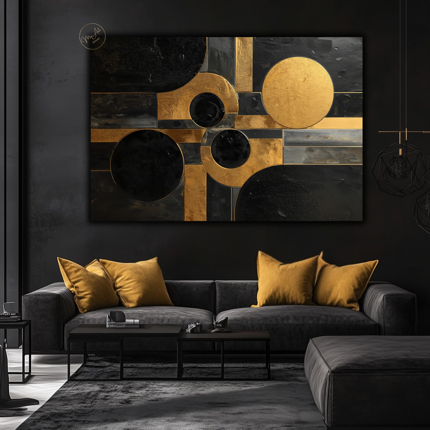 Black & Gold Geometric Abstract Wall Art – Luxury Modern Circle & Square Canvas Print