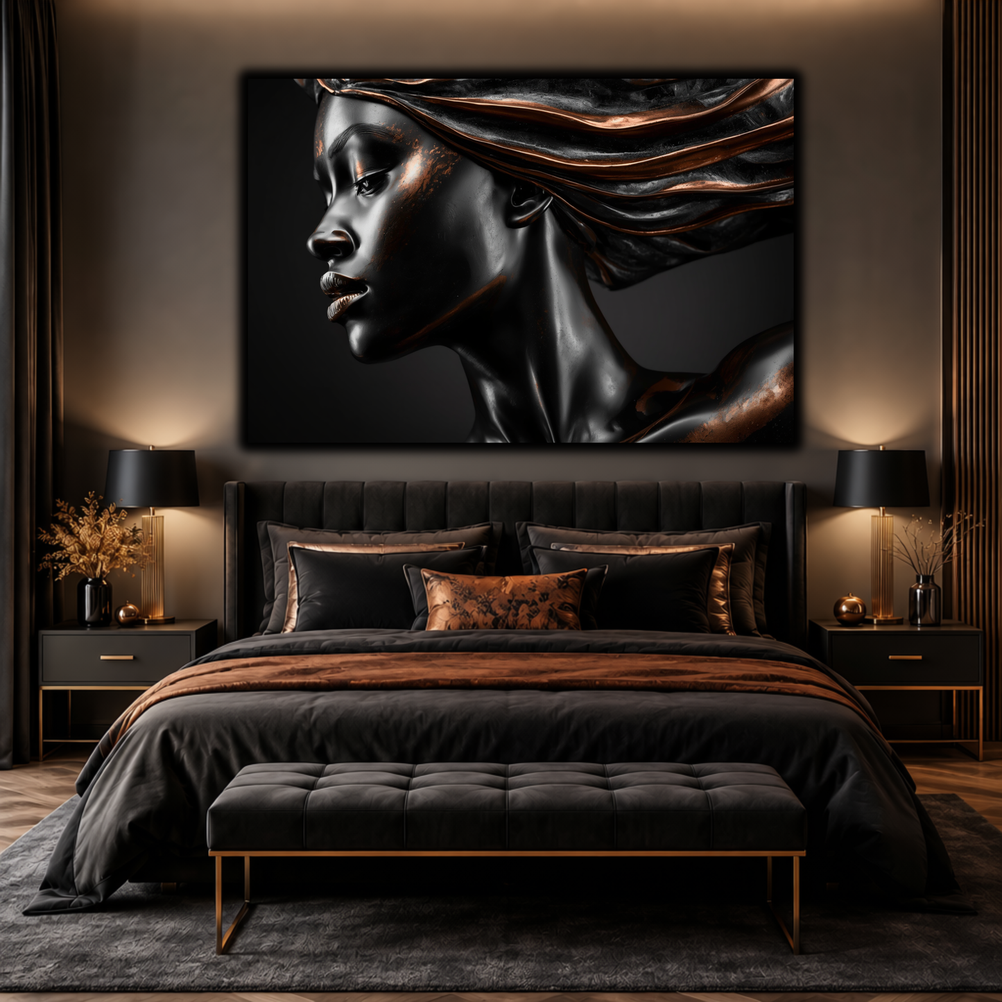 Black Woman Wall Art – Afrocentric Black & Copper Abstract Canvas Print | Modern Luxury Decor