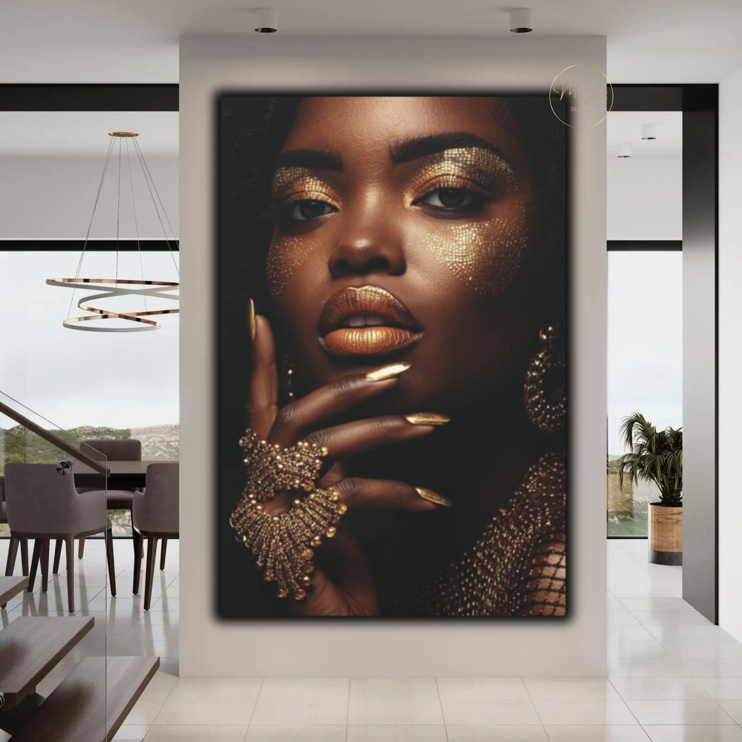 Black Woman Wall Art – Divine Glamour in Gold | Luxury Black & Gold Canvas Print