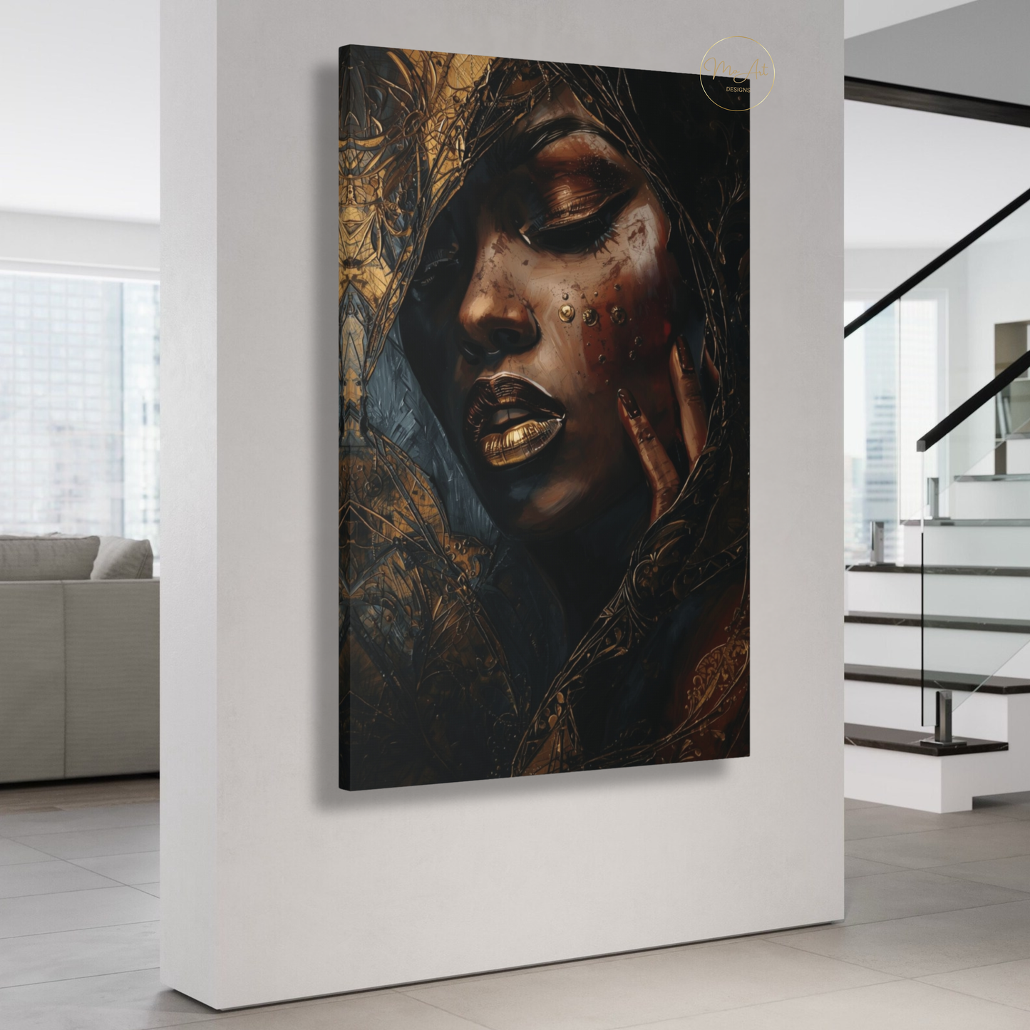 Black Woman Wall Art – Luminous Depth | Black & Gold Luxury Canvas Print